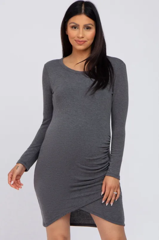 Charcoal Long Sleeve Ruched Side Wrap Hem Maternity Dress sold by Pinkblush