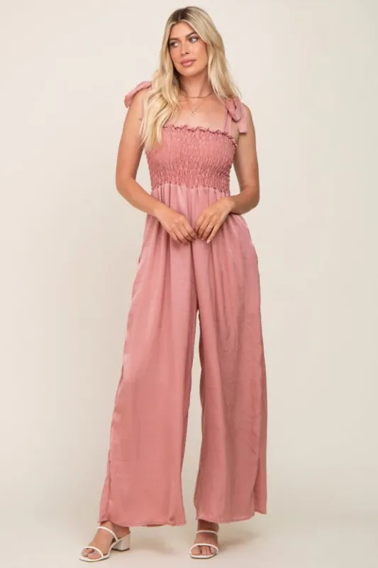 Mauve Satin Smocked Square Neck Shoulder Tie Jumpsuit sold by Pinkblush
