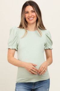 Sage Ribbed Puff Sleeve Maternity Top sold by Pinkblush