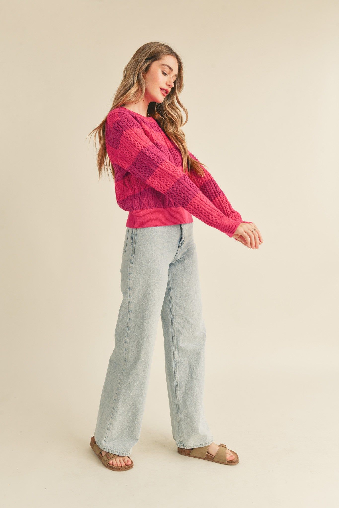 Fuchsia Magenta Striped Cable Knit Sweater sold by Pinkblush product image thumbnail 4