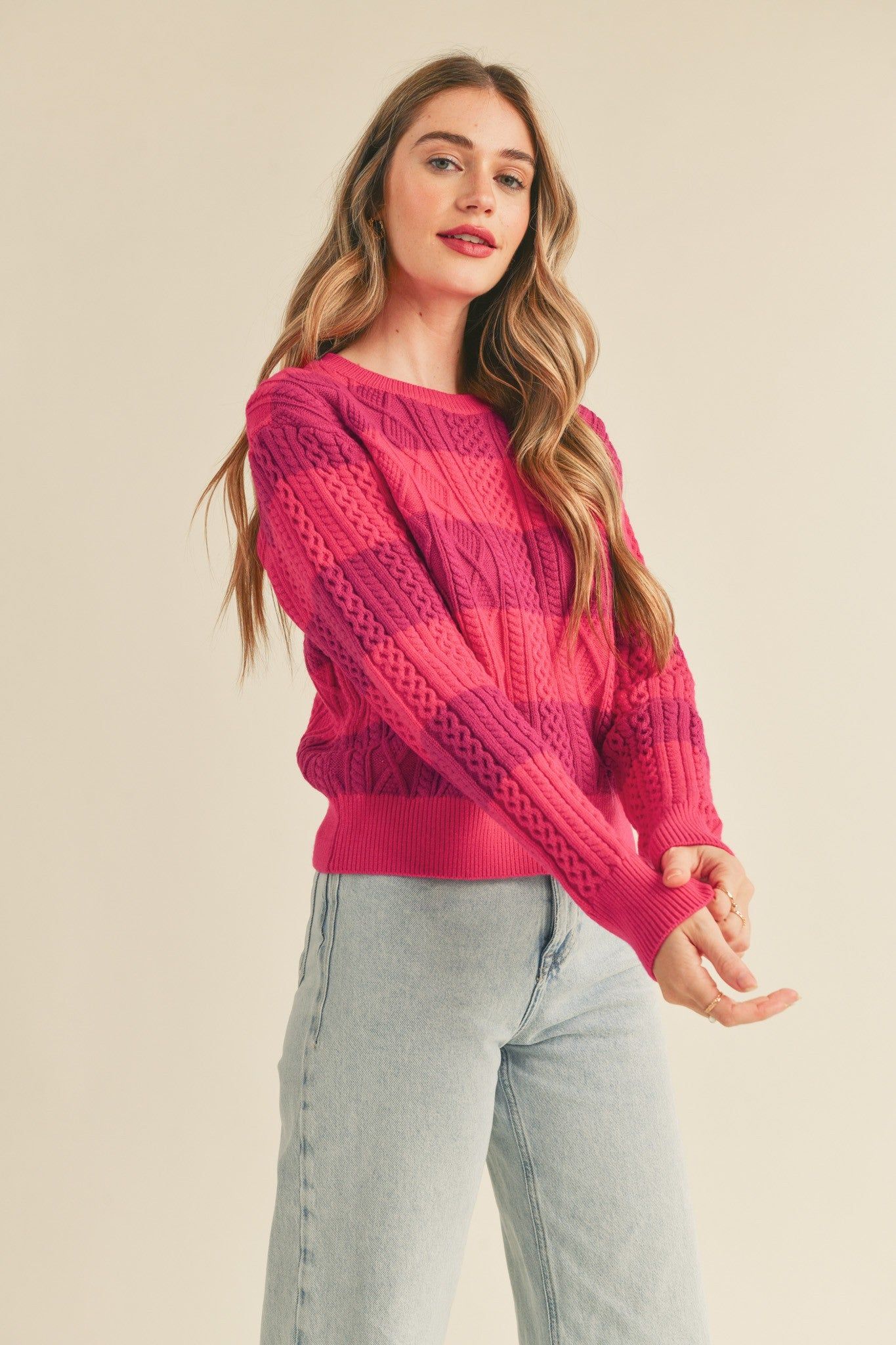 Fuchsia Magenta Striped Cable Knit Sweater sold by Pinkblush