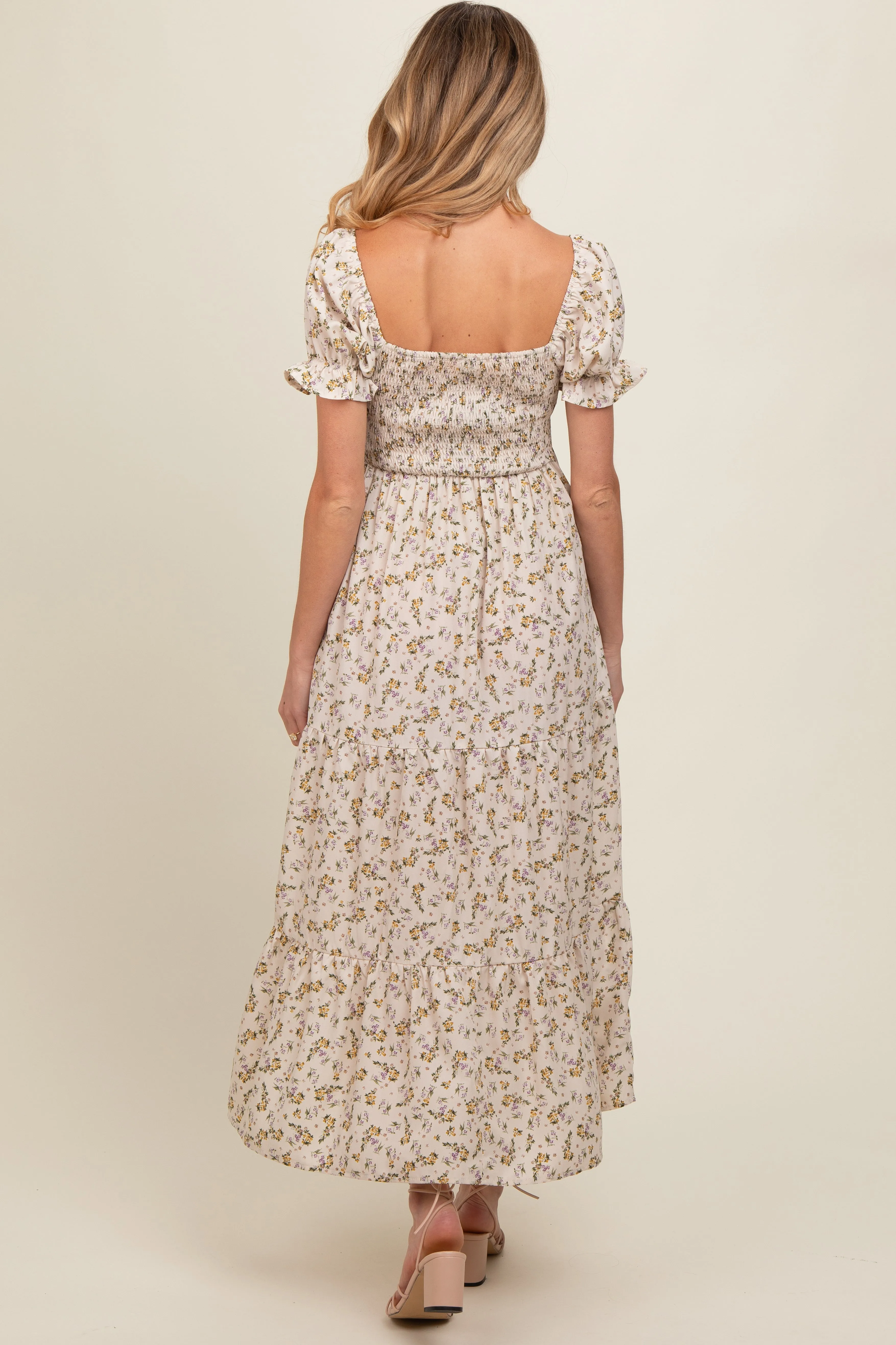Cream Floral Smocked Square Neck Tiered Puff Short Sleeve Maternity Maxi Dress sold by Pinkblush product image thumbnail 4