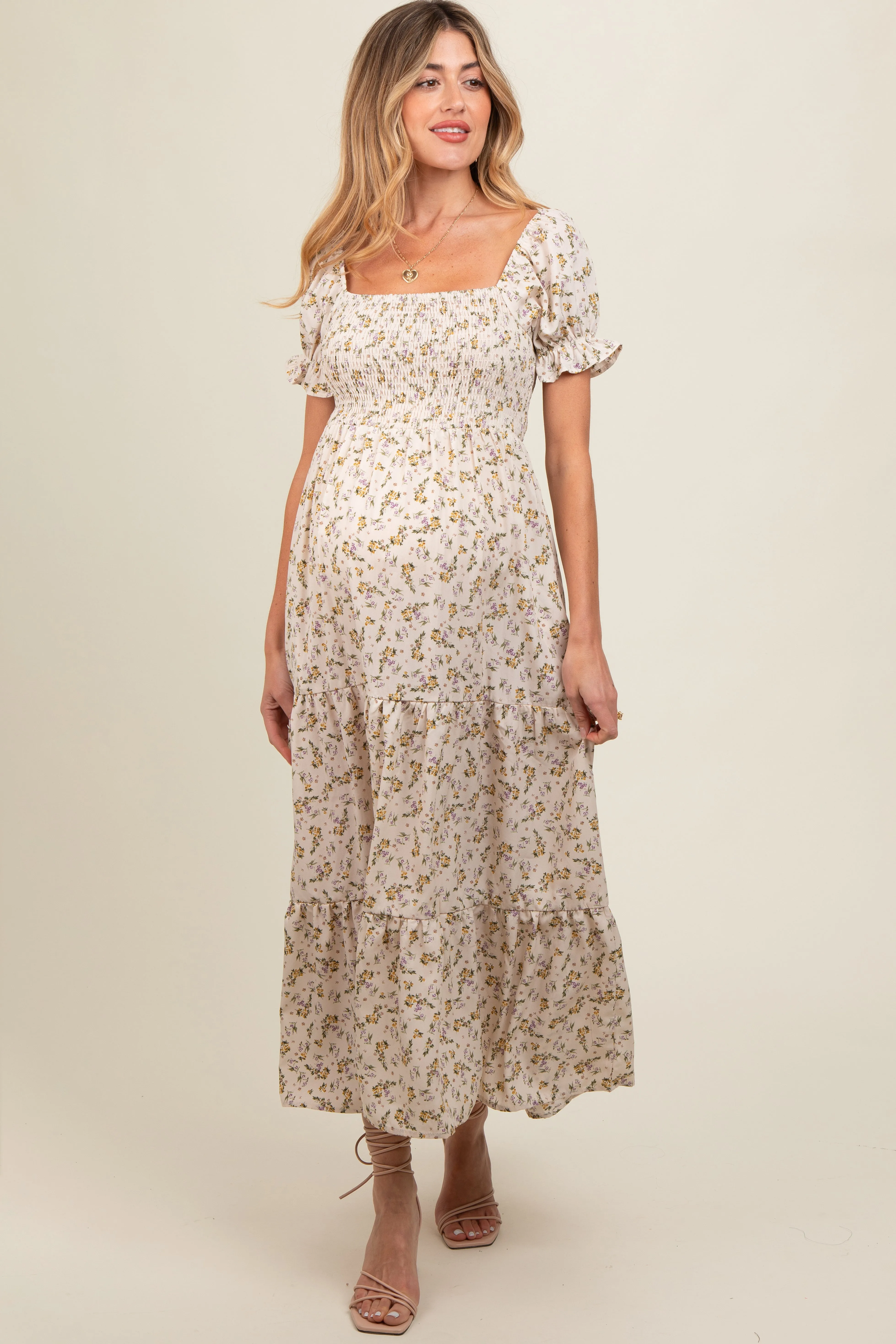 Cream Floral Smocked Square Neck Tiered Puff Short Sleeve Maternity Maxi Dress sold by Pinkblush