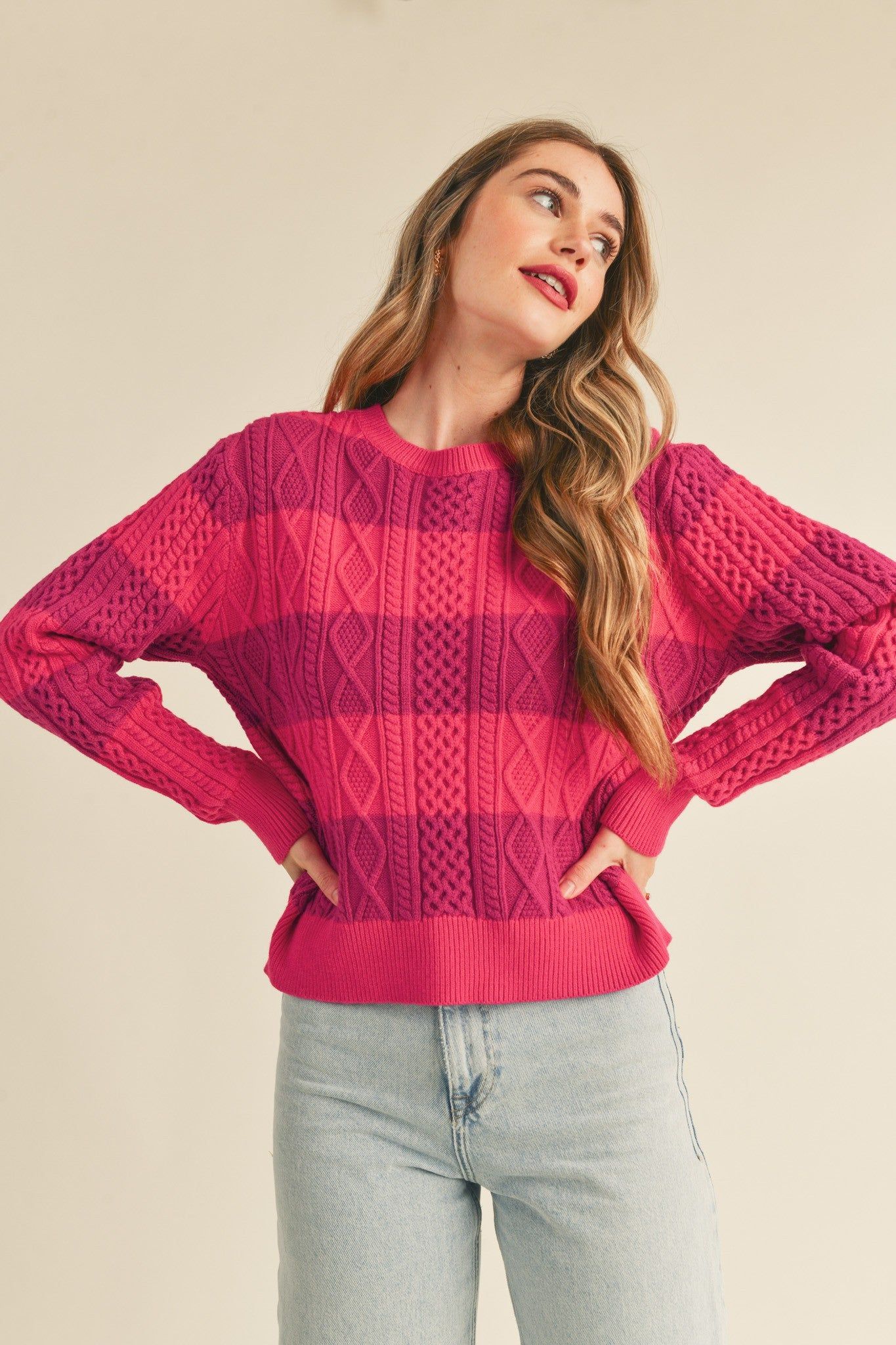 Fuchsia Magenta Striped Cable Knit Sweater sold by Pinkblush product image thumbnail 2