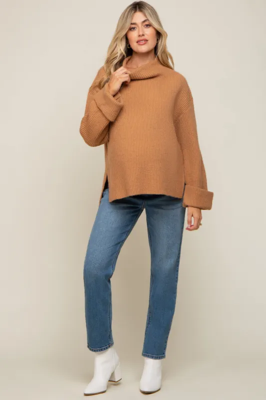Camel Mock Neck Chunky Knit Maternity Sweater sold by Pinkblush