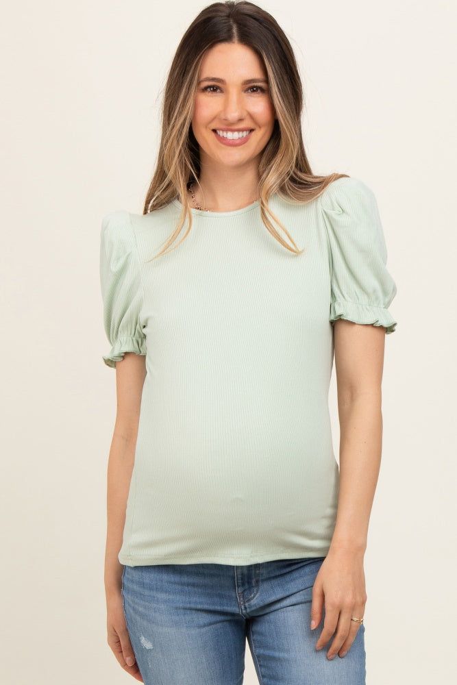 Sage Ribbed Puff Sleeve Maternity Top sold by Pinkblush