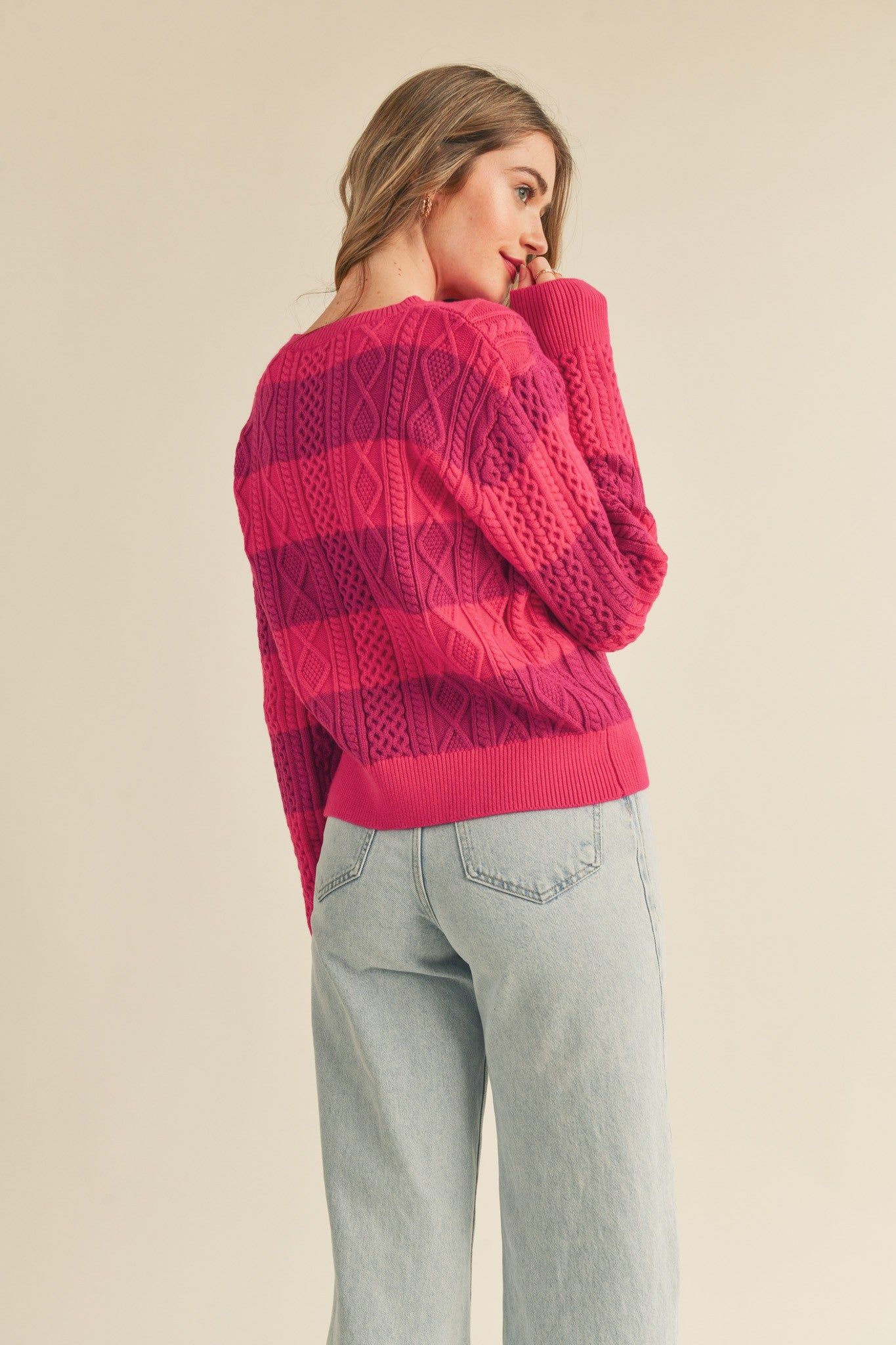 Fuchsia Magenta Striped Cable Knit Sweater sold by Pinkblush product image thumbnail 3