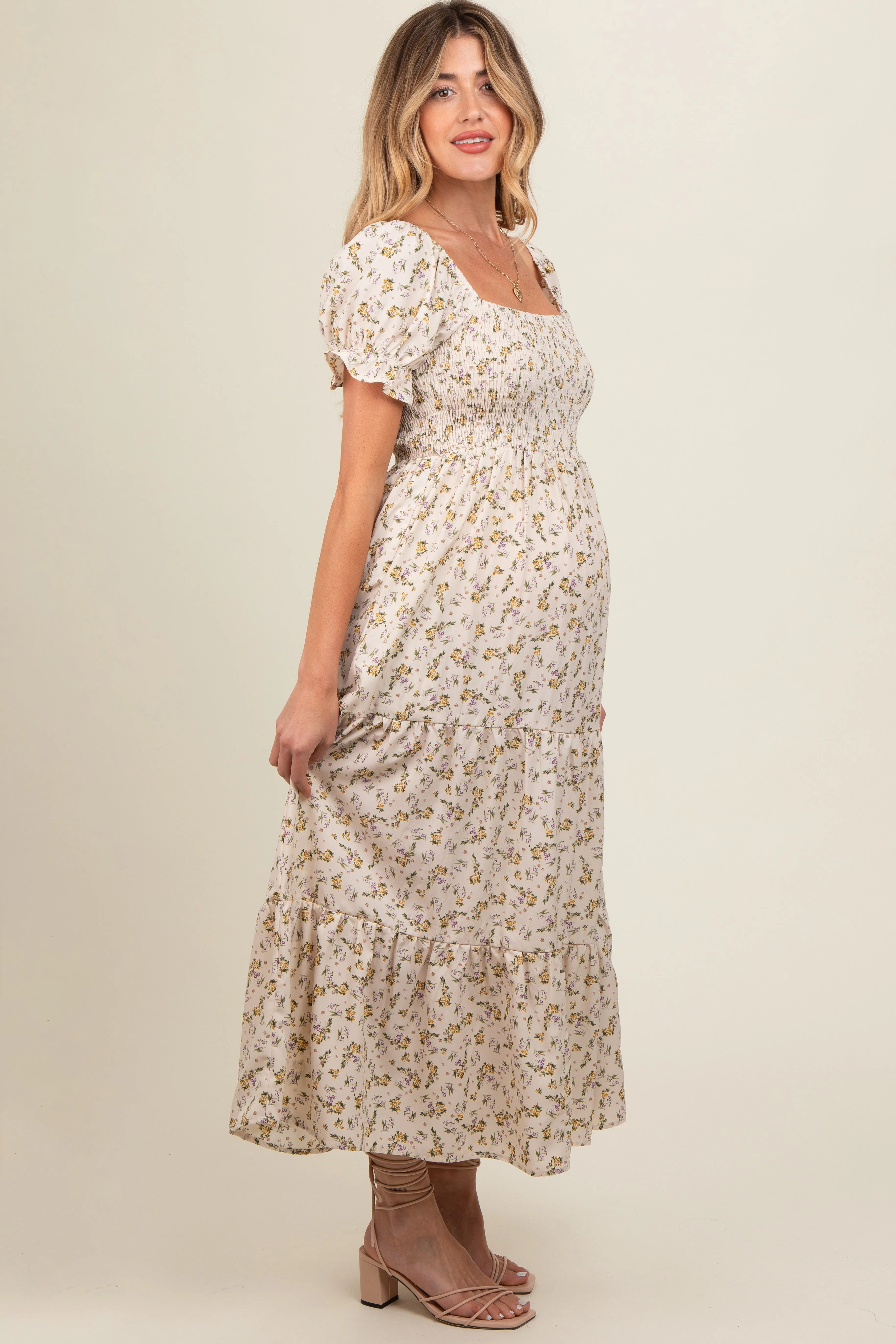 Cream Floral Smocked Square Neck Tiered Puff Short Sleeve Maternity Maxi Dress sold by Pinkblush product image thumbnail 3