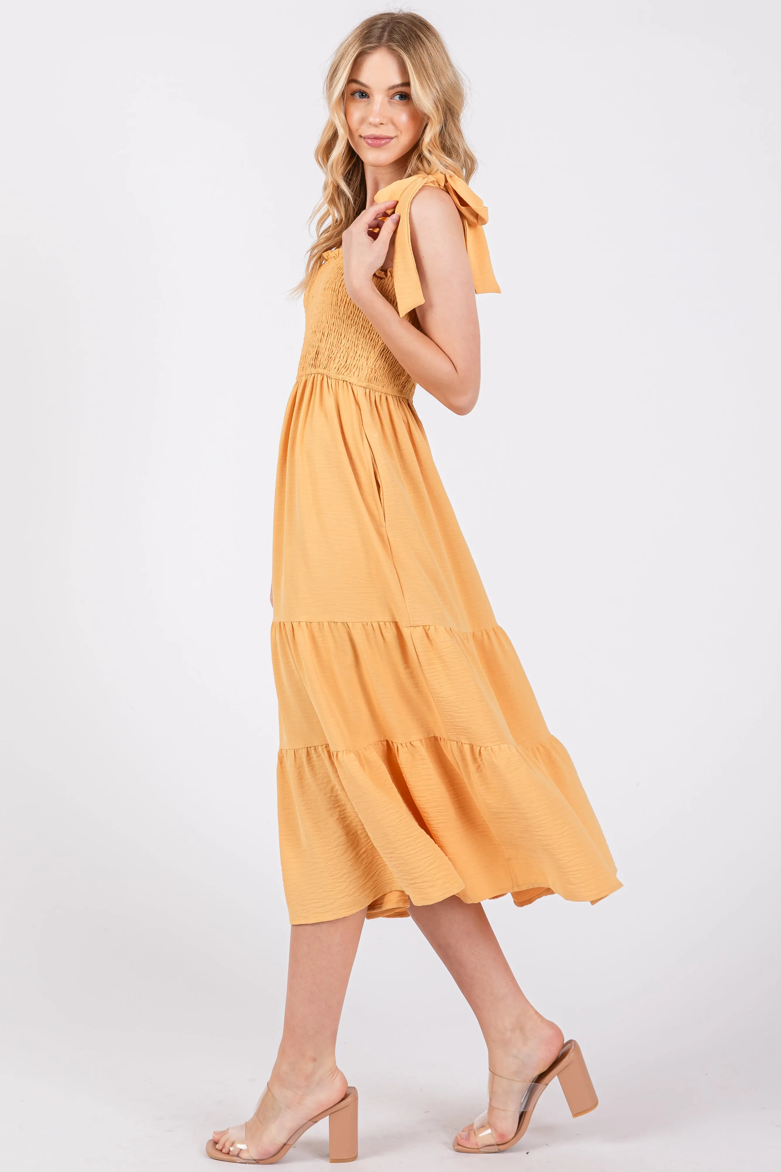 Yellow Smocked Tie Strap Tiered Midi Dress sold by Pinkblush product image thumbnail 2