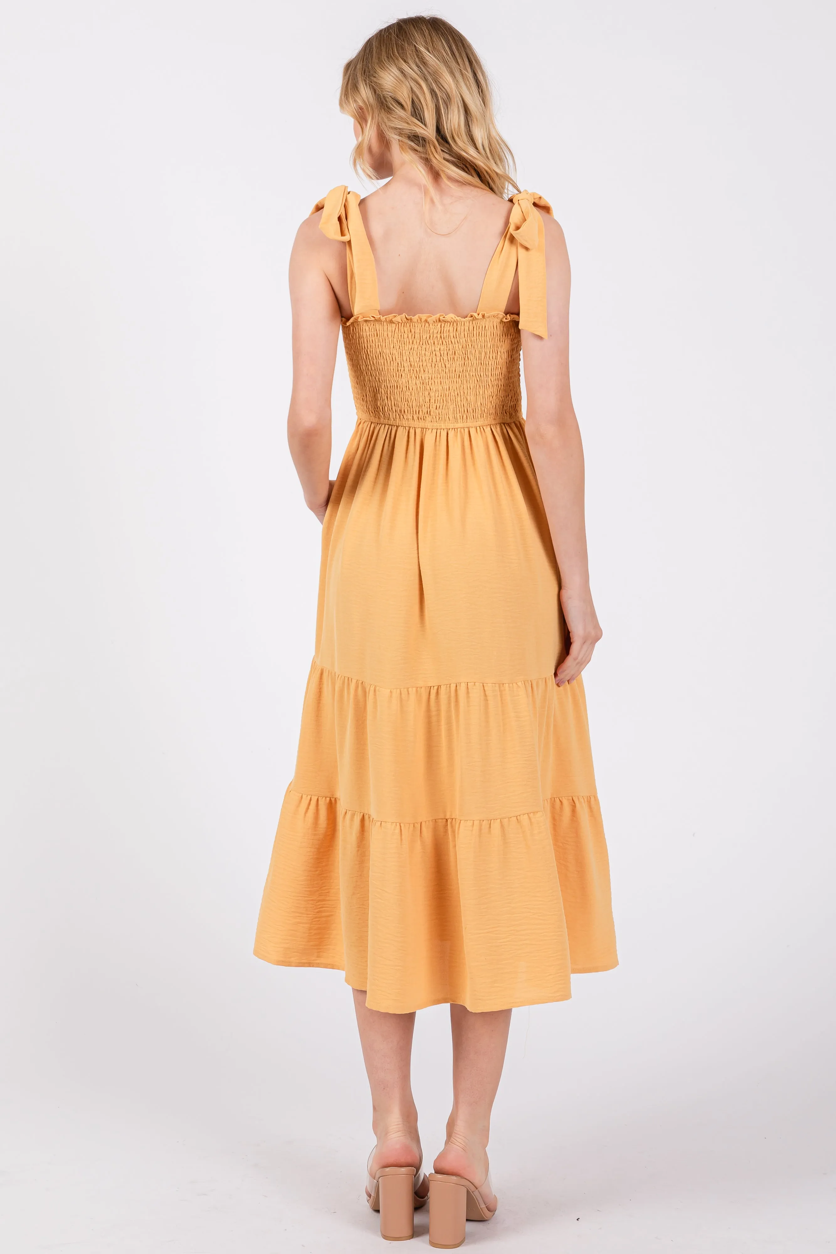 Yellow Smocked Tie Strap Tiered Midi Dress sold by Pinkblush product image thumbnail 3