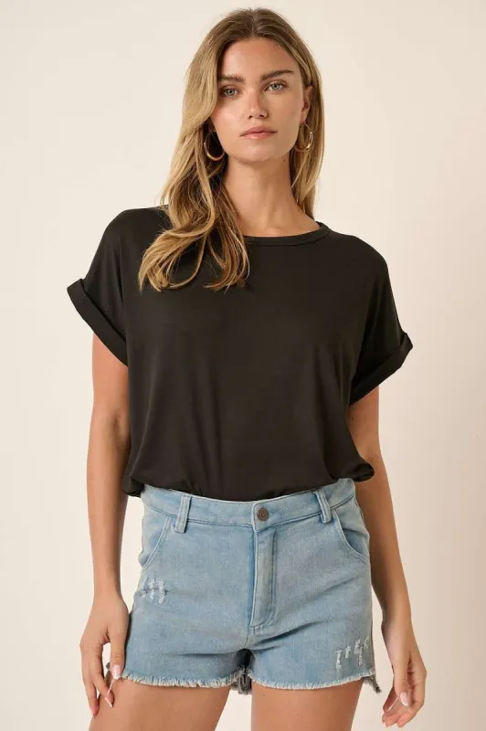 Black Rolled Cuff Short Sleeve Top sold by Pinkblush