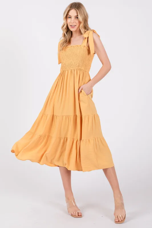 Yellow Smocked Tie Strap Tiered Midi Dress sold by Pinkblush