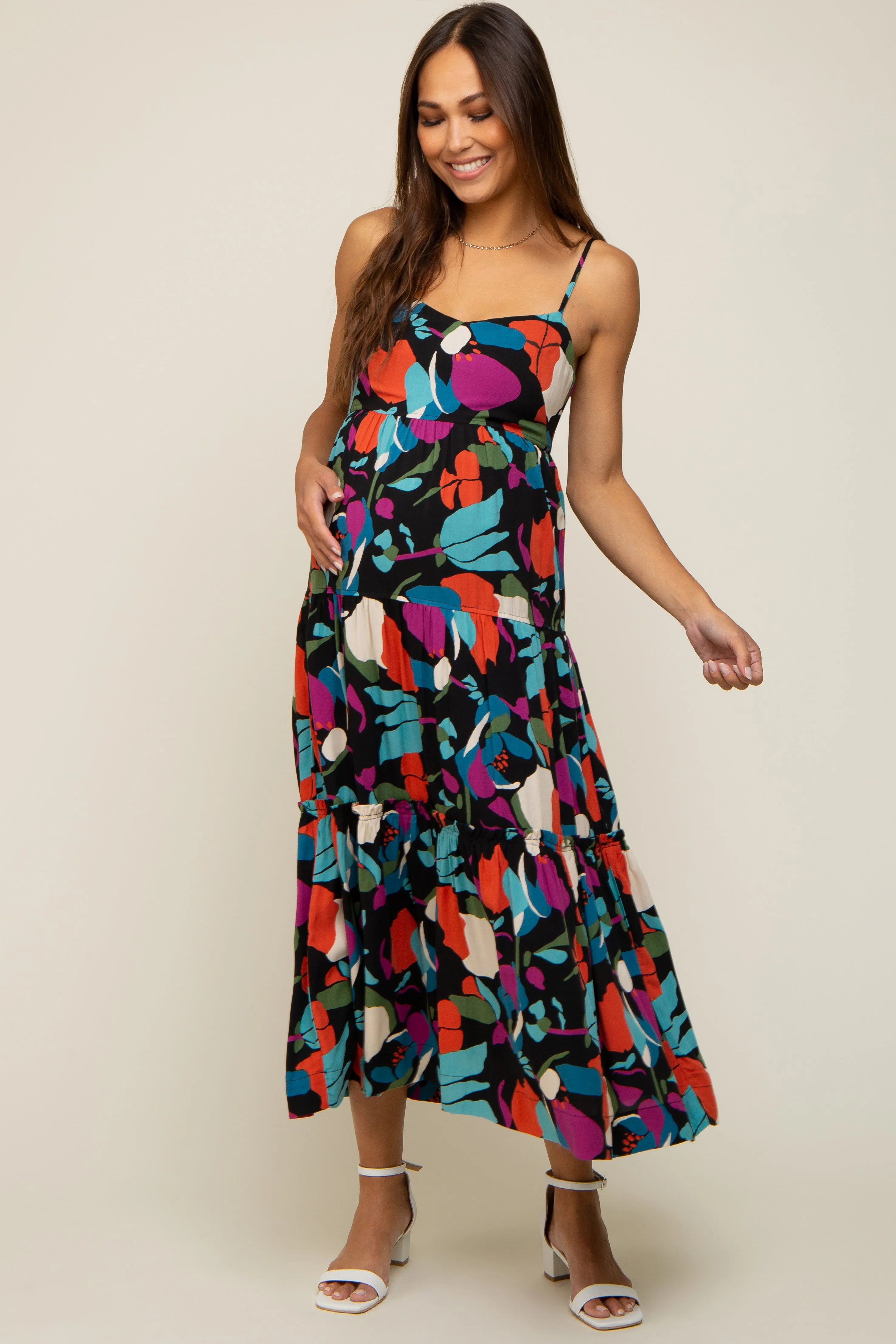 Black Printed Tiered Maternity Midi Dress sold by Pinkblush product image thumbnail 5