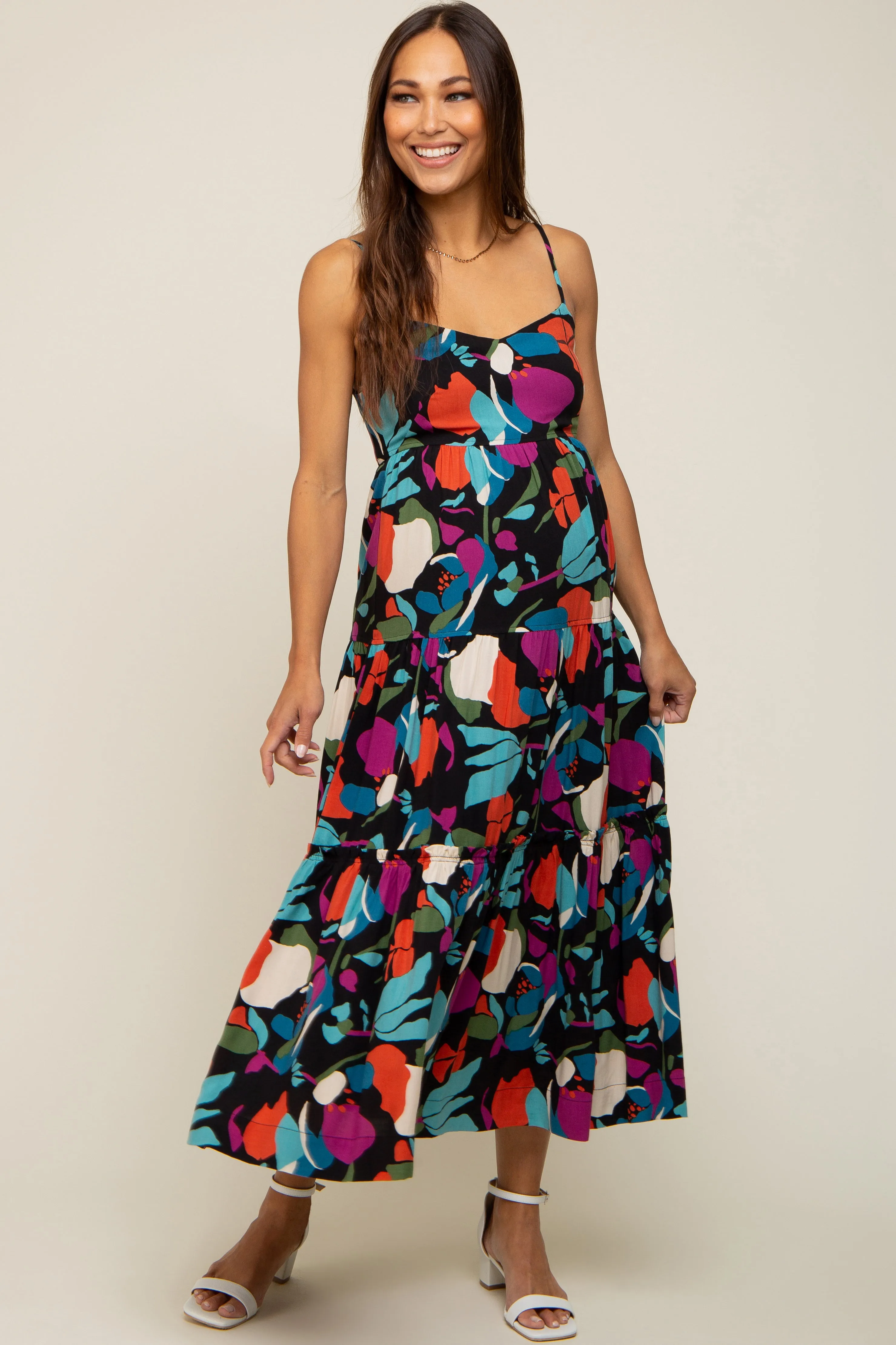 Black Printed Tiered Maternity Midi Dress sold by Pinkblush product image thumbnail 2
