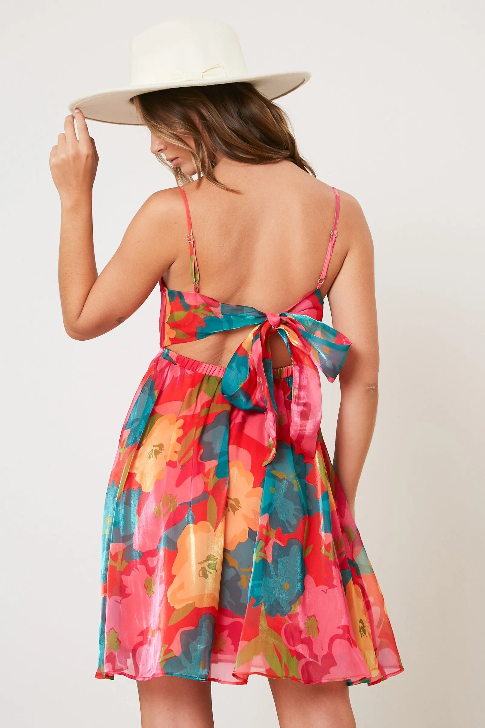Red Floral Organza Square Neck Back Tie Dress sold by Pinkblush product image thumbnail 3