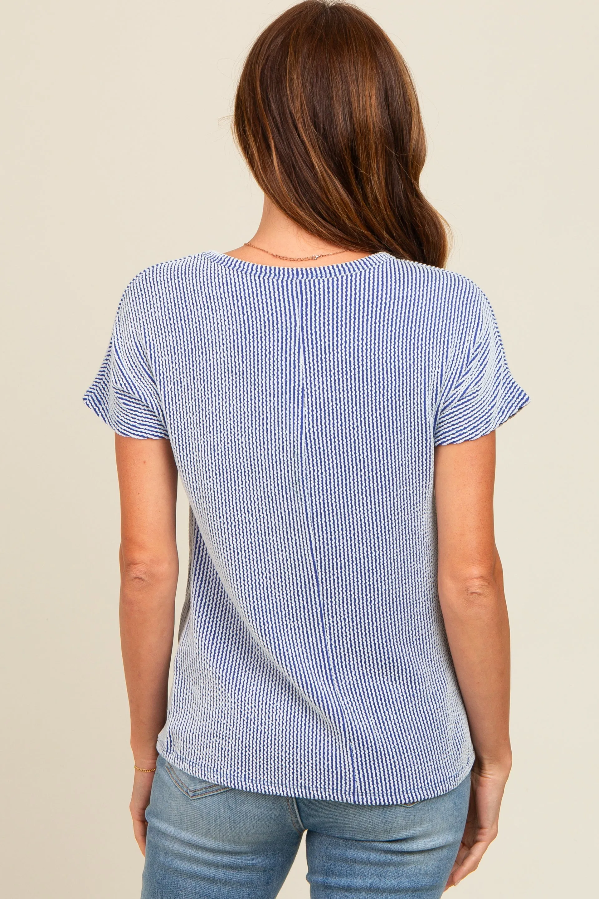 Royal Blue Ribbed Split Neckline Short Sleeve Top sold by Pinkblush product image thumbnail 4