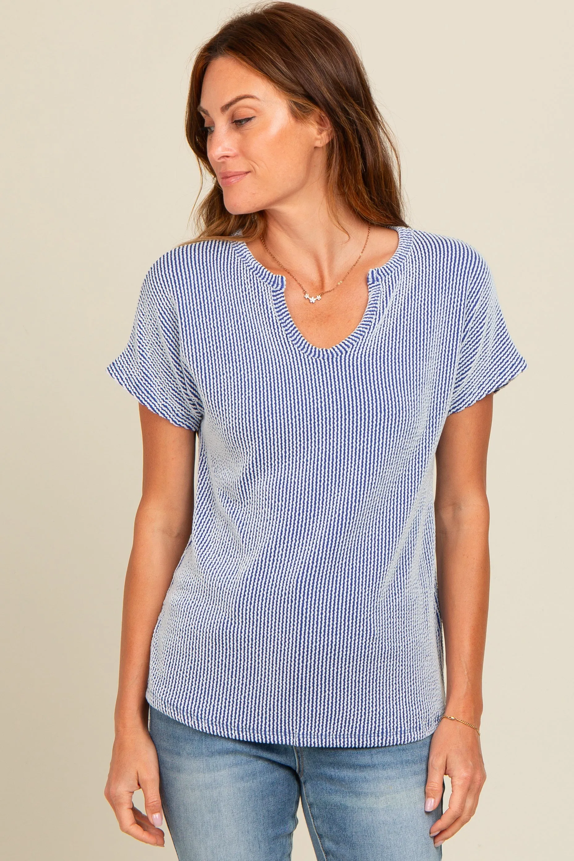 Royal Blue Ribbed Split Neckline Short Sleeve Top sold by Pinkblush