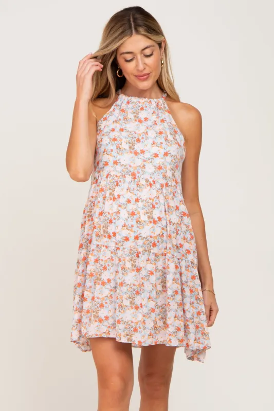 Light Blue Floral Halter Tiered Maternity Dress sold by Pinkblush