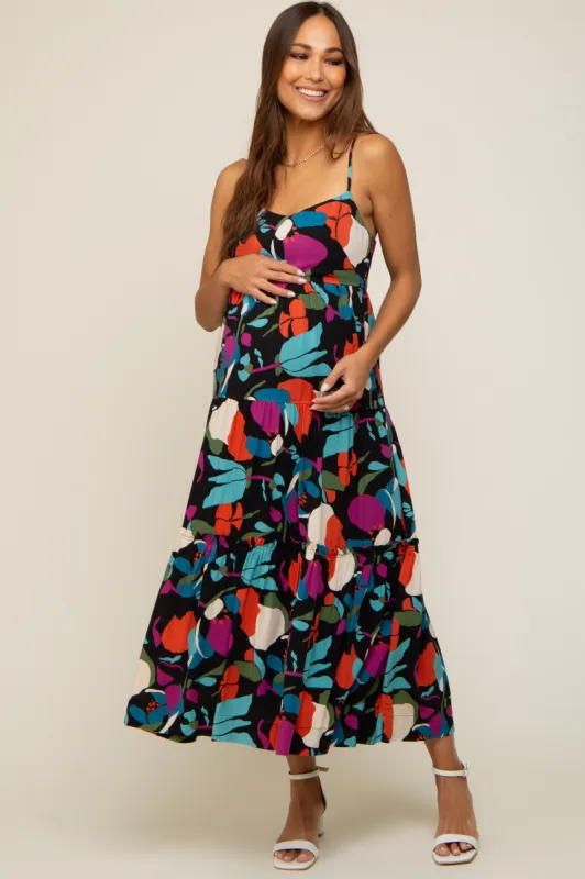 Black Printed Tiered Maternity Midi Dress sold by Pinkblush