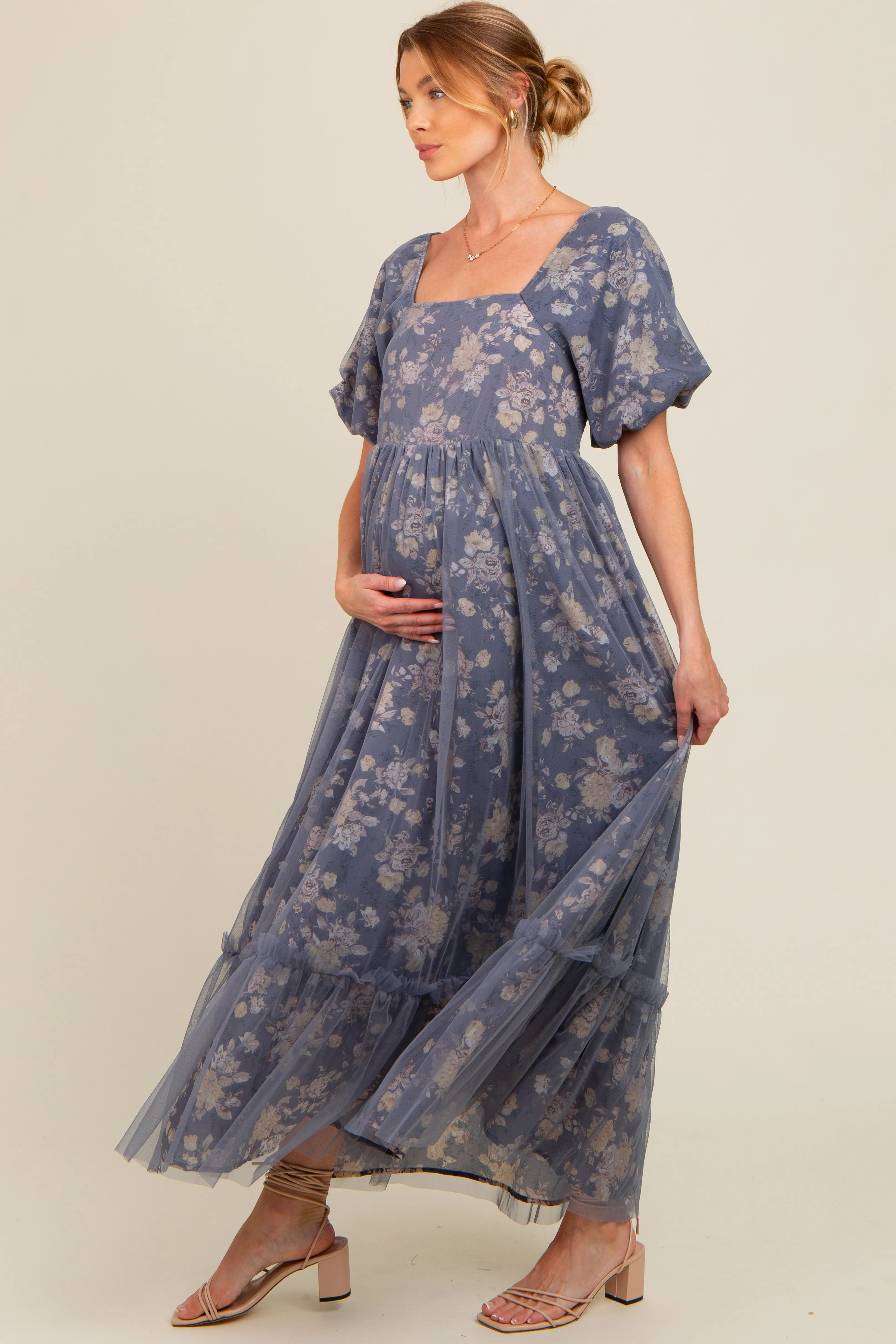 Navy Floral Mesh Overlay Maternity Maxi Dress sold by Pinkblush product image thumbnail 2