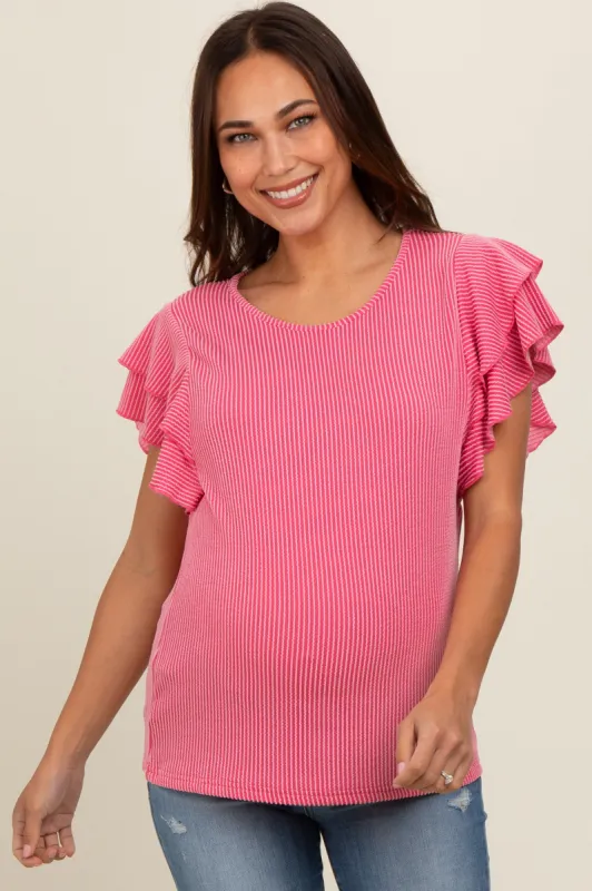 Fuchsia Ruffle Sleeve Ribbed Maternity Top sold by Pinkblush