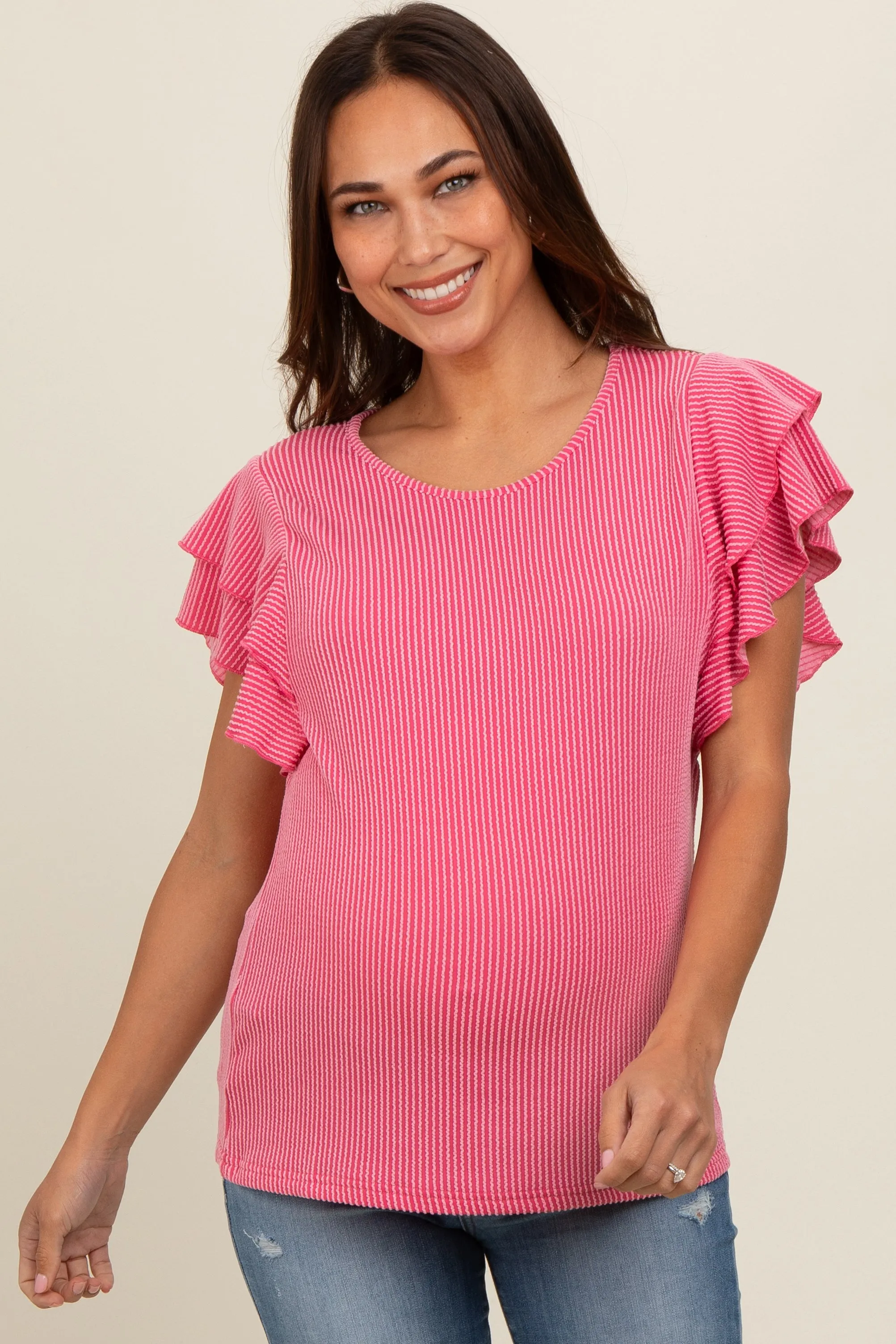 Fuchsia Ruffle Sleeve Ribbed Maternity Top sold by Pinkblush
