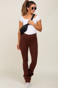 Brown Rib Knit Flare Maternity Leggings sold by Pinkblush