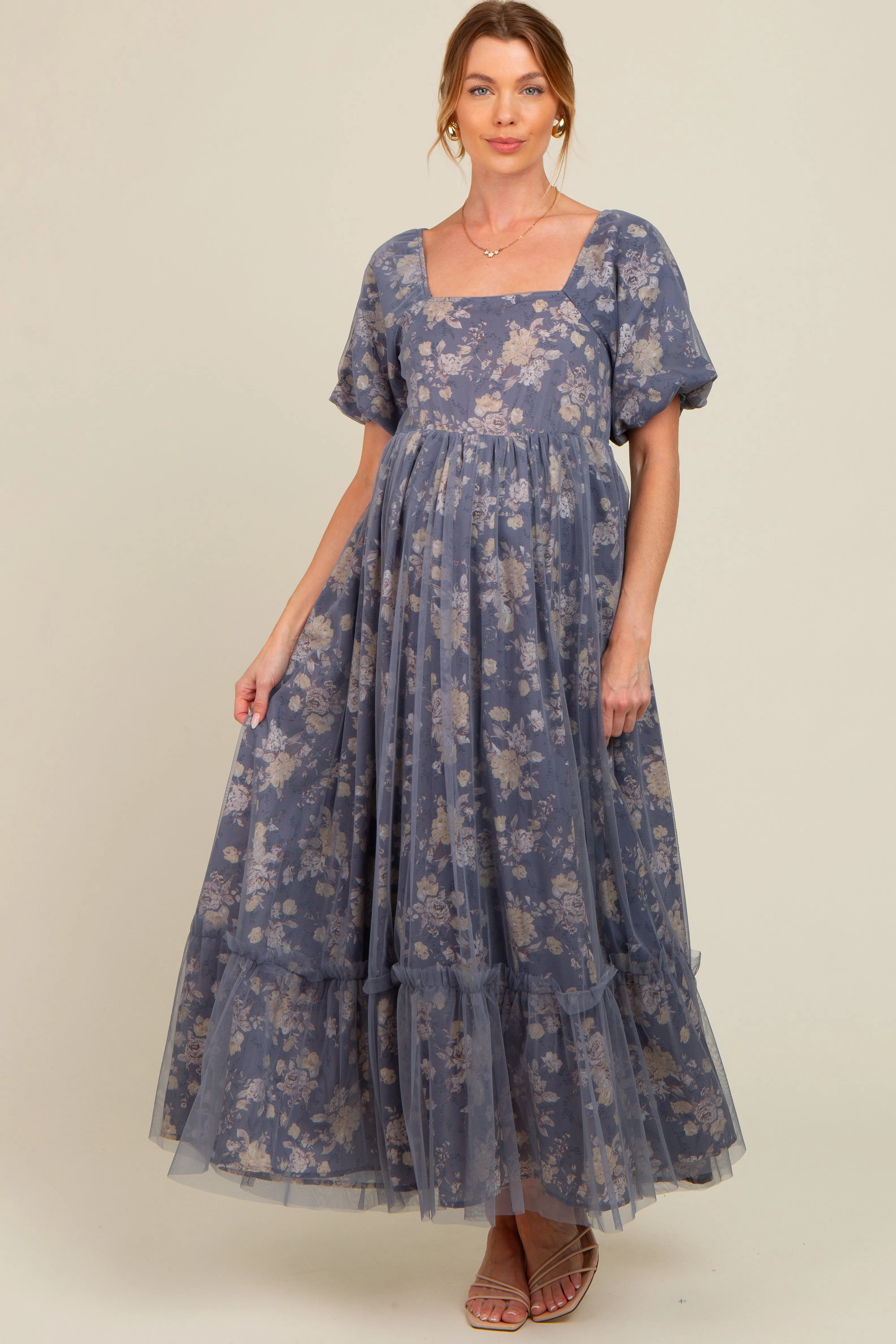 Navy Floral Mesh Overlay Maternity Maxi Dress sold by Pinkblush product image thumbnail 3