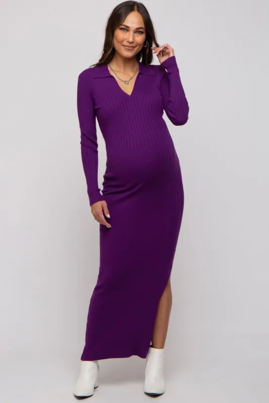Purple Rib Knit Collared Maternity Maxi Dress sold by Pinkblush