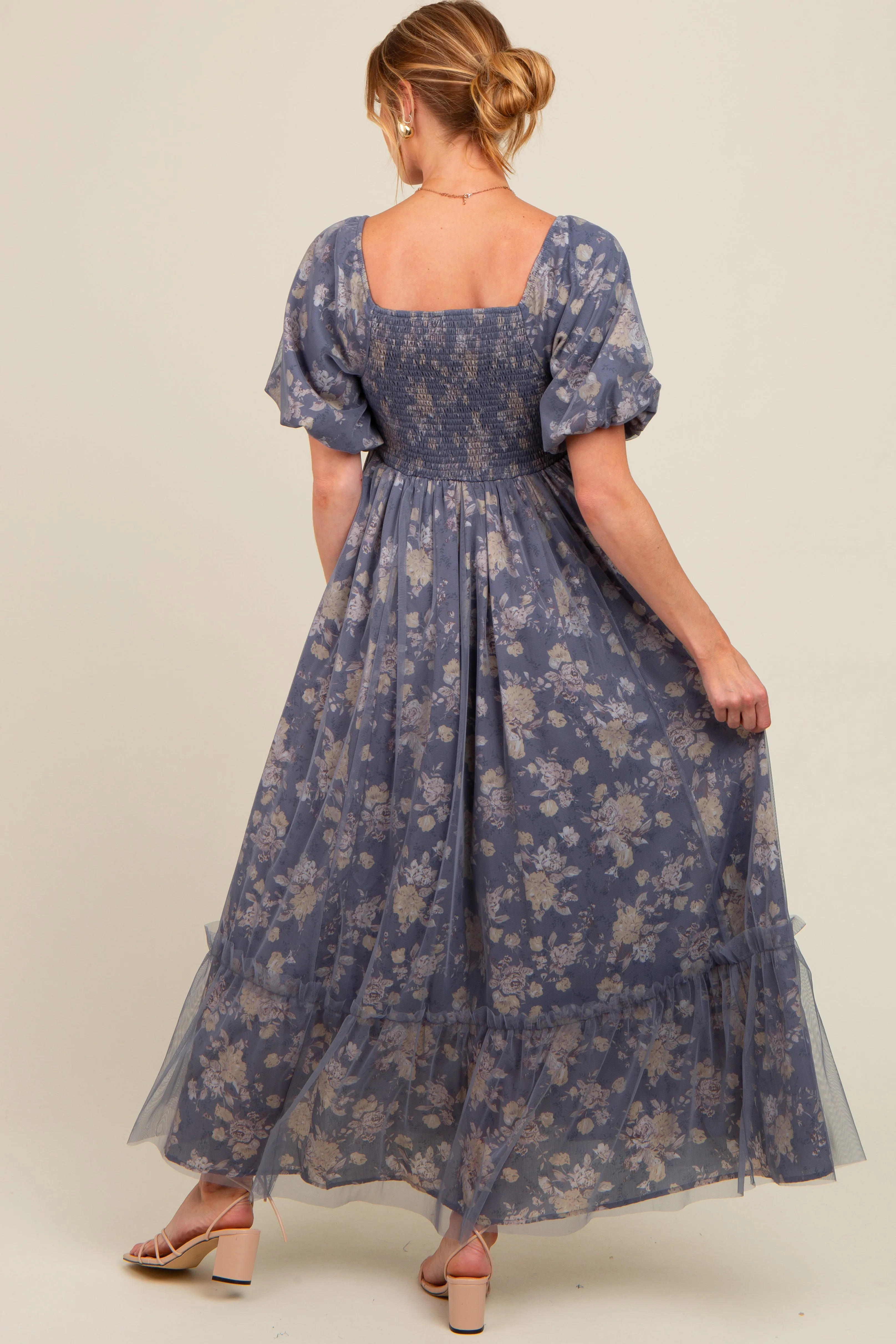 Navy Floral Mesh Overlay Maternity Maxi Dress sold by Pinkblush product image thumbnail 4