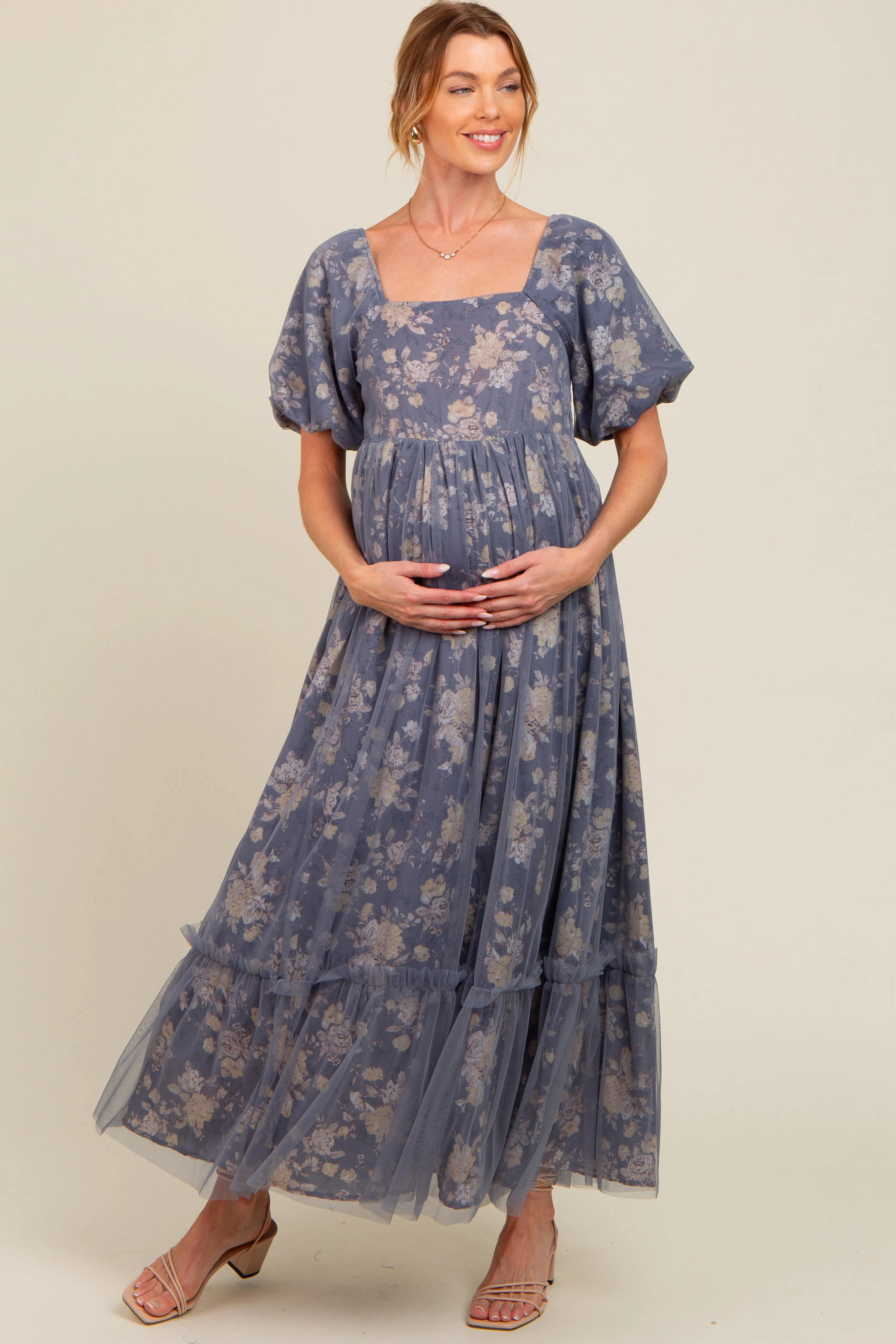 Navy Floral Mesh Overlay Maternity Maxi Dress sold by Pinkblush
