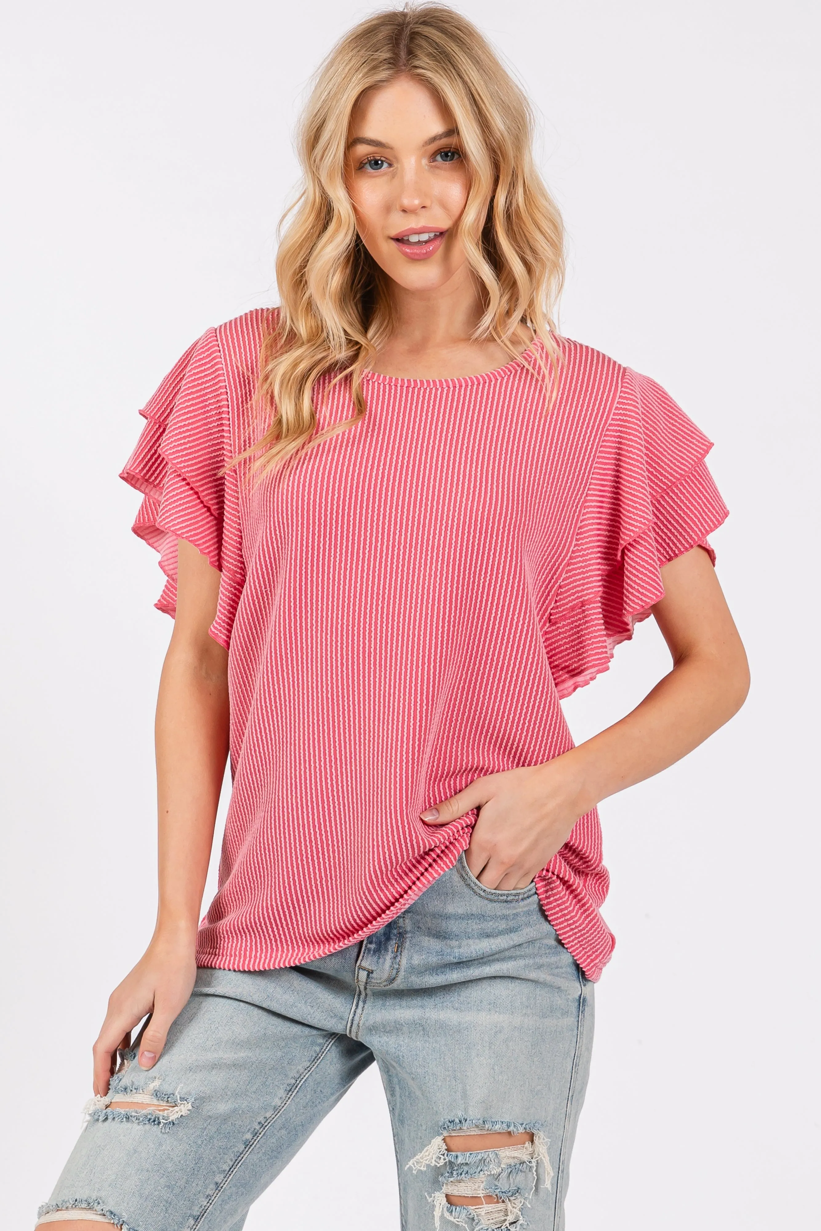 Fuchsia Ruffle Sleeve Ribbed Maternity Top sold by Pinkblush product image thumbnail 3