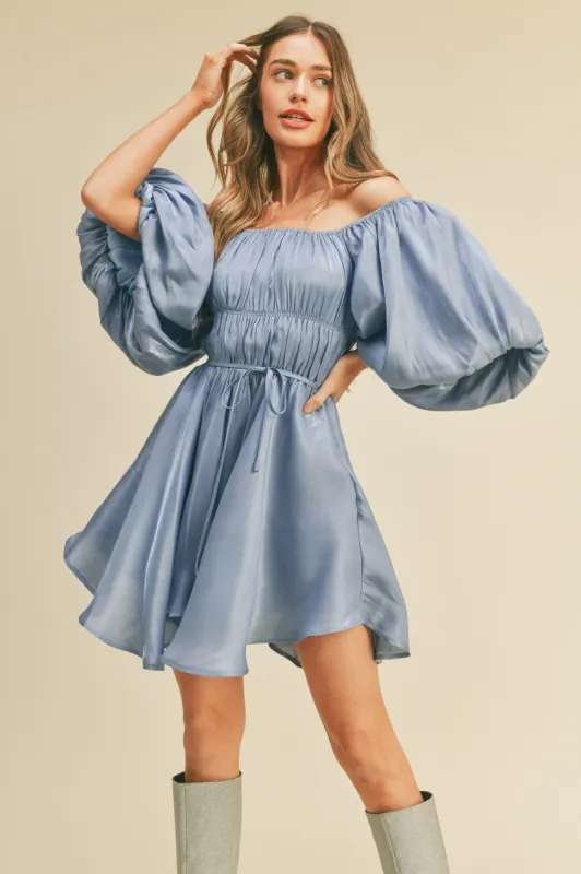Blue Metallic Bubble Sleeve Flared Mini Dress sold by Pinkblush