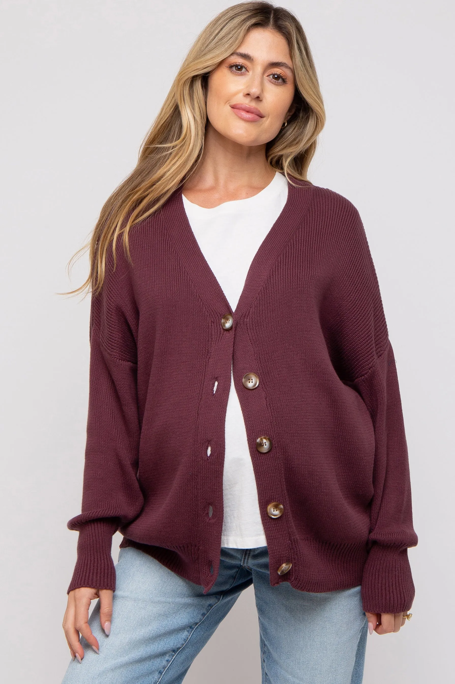 Plum Basic Ribbed Maternity Cardigan Sweater sold by Pinkblush