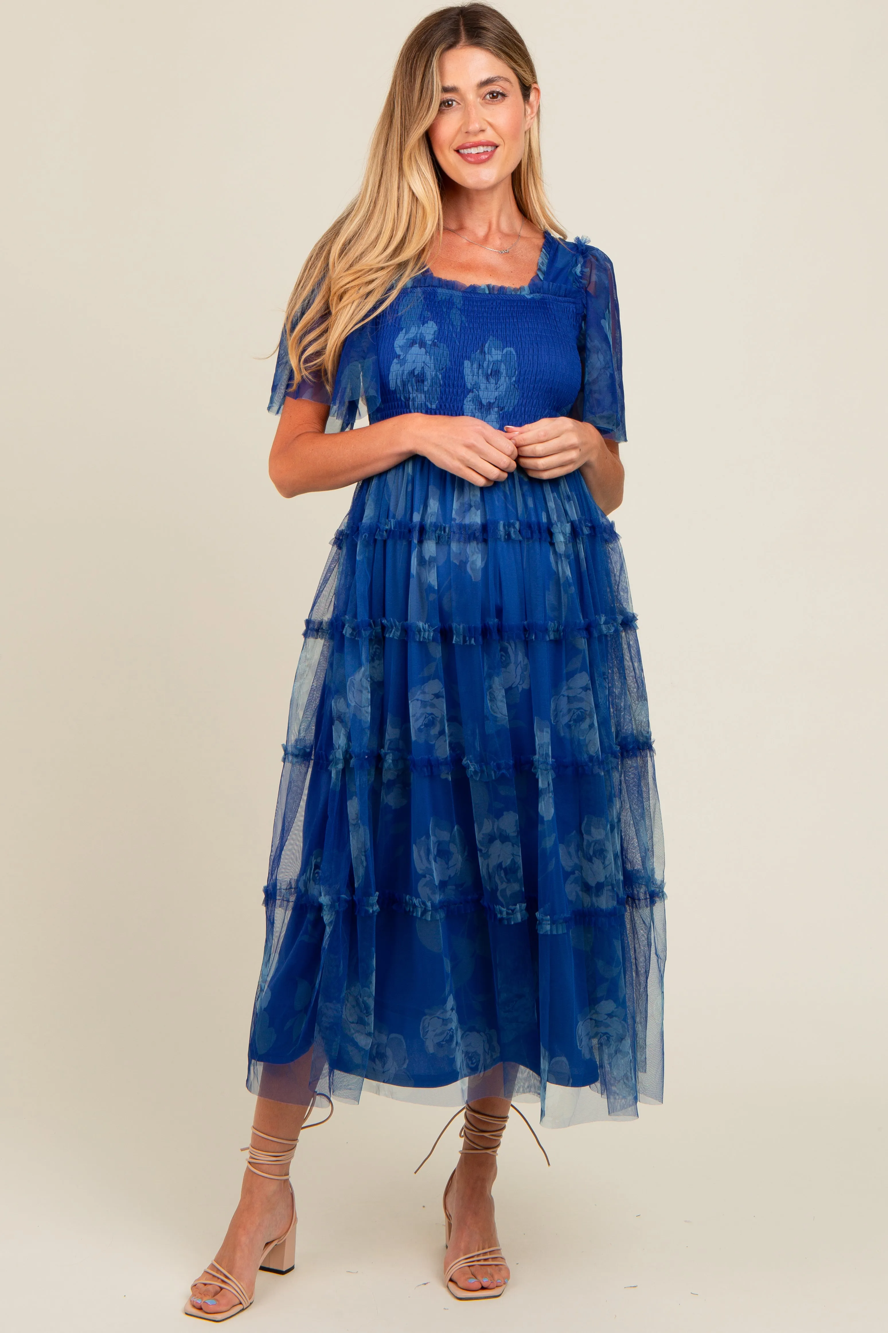 Blue Floral Smocked Tulle Maternity Maxi Dress sold by Pinkblush product image thumbnail 2