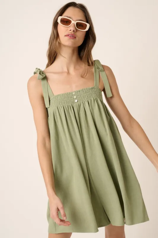 Sage Tie Detail Smocked Neckline Wide Leg Romper sold by Pinkblush