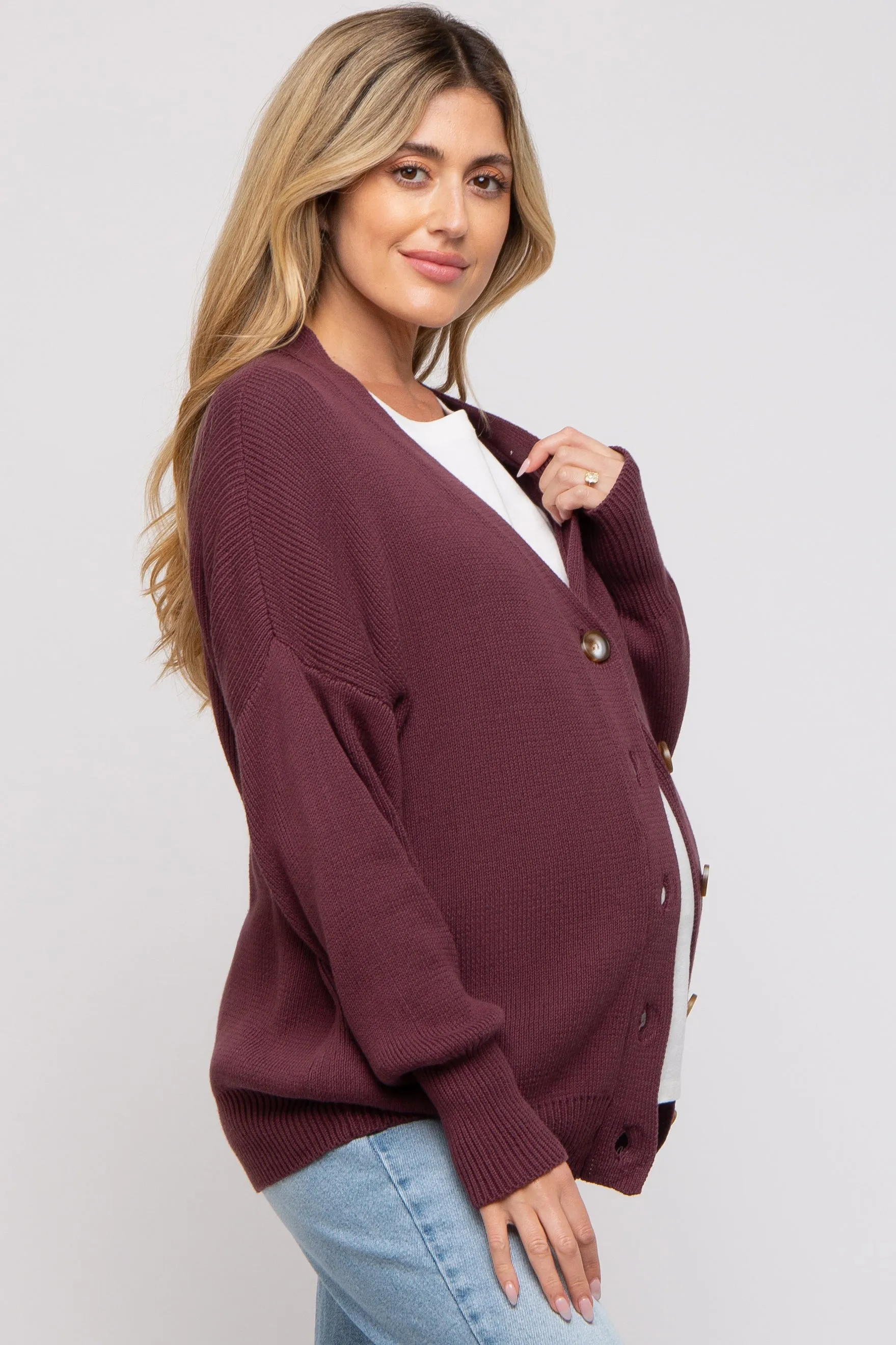 Plum Basic Ribbed Maternity Cardigan Sweater sold by Pinkblush product image thumbnail 2