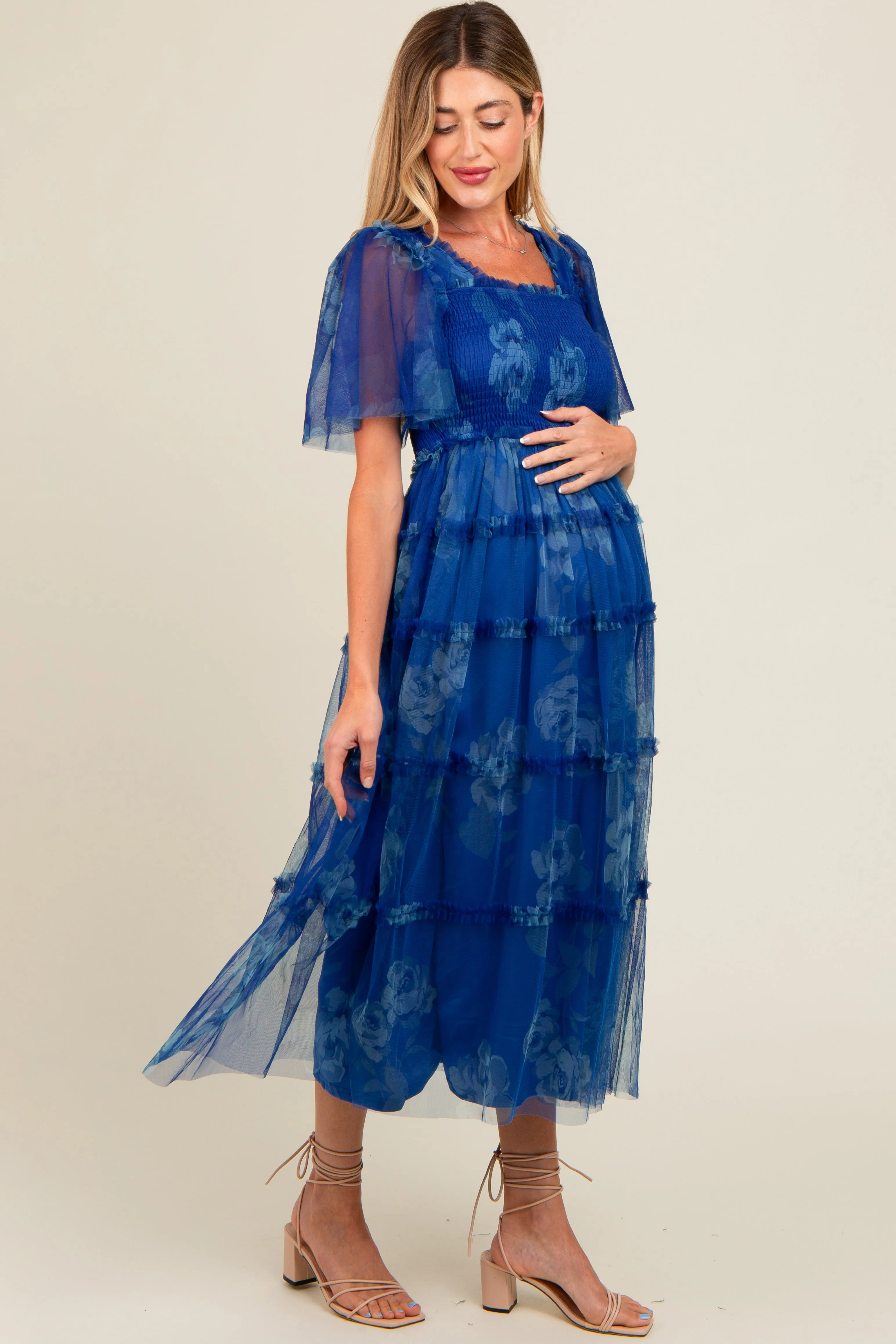 Blue Floral Smocked Tulle Maternity Maxi Dress sold by Pinkblush product image thumbnail 3