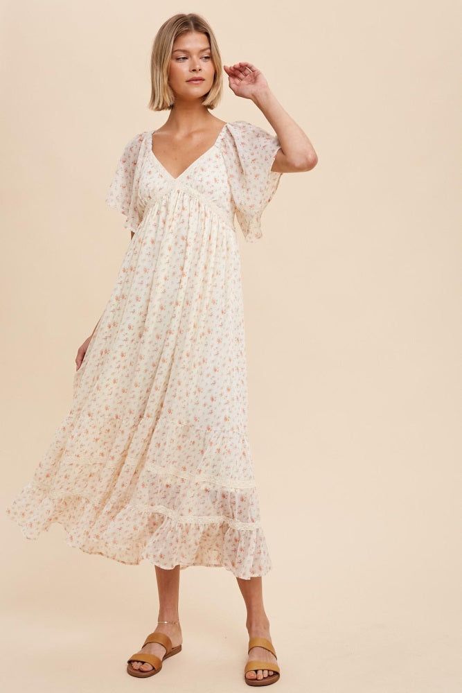 Cream Floral Crochet Trim Midi Dress sold by Pinkblush