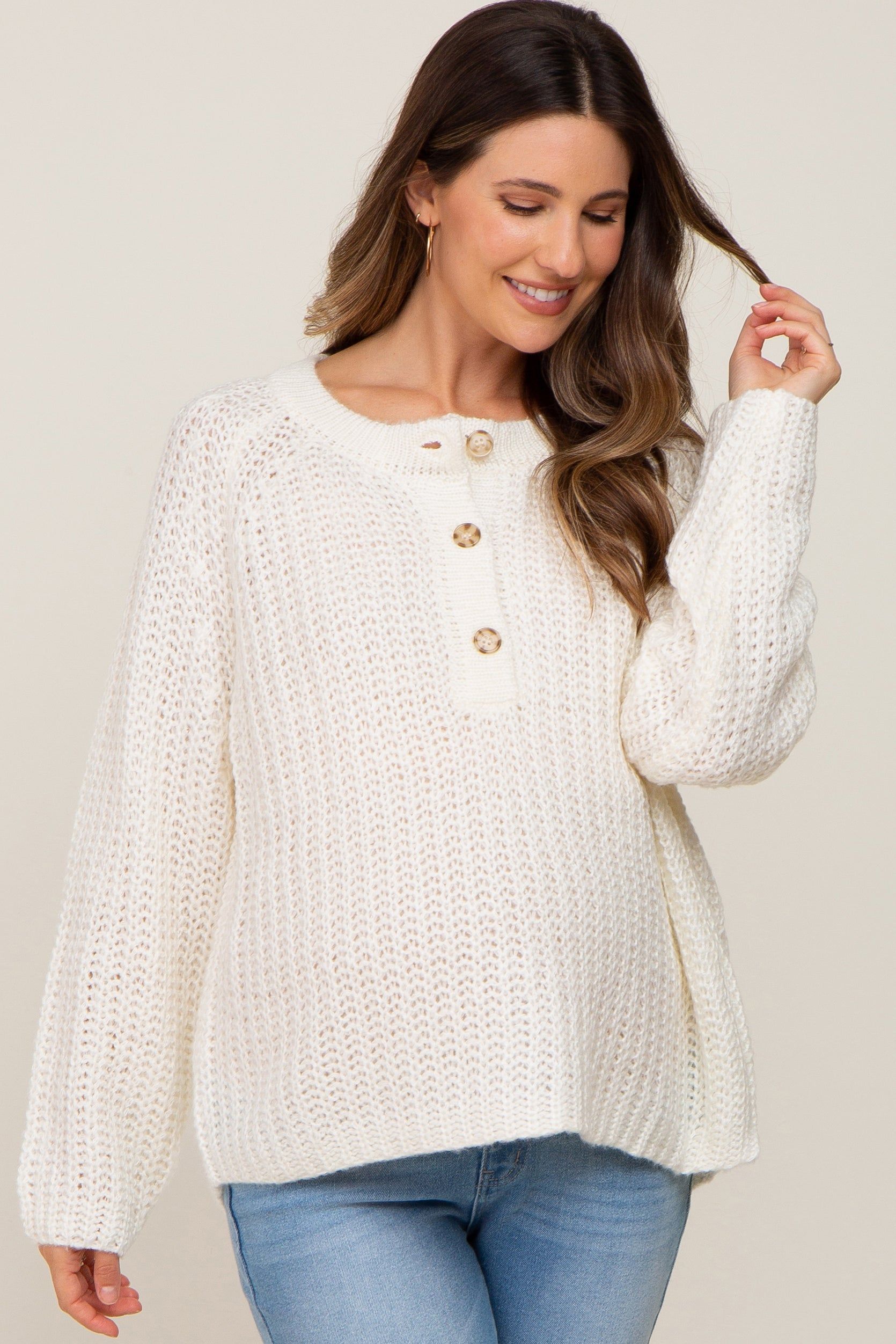 Ivory Open Knit Button Front Maternity Sweater sold by Pinkblush