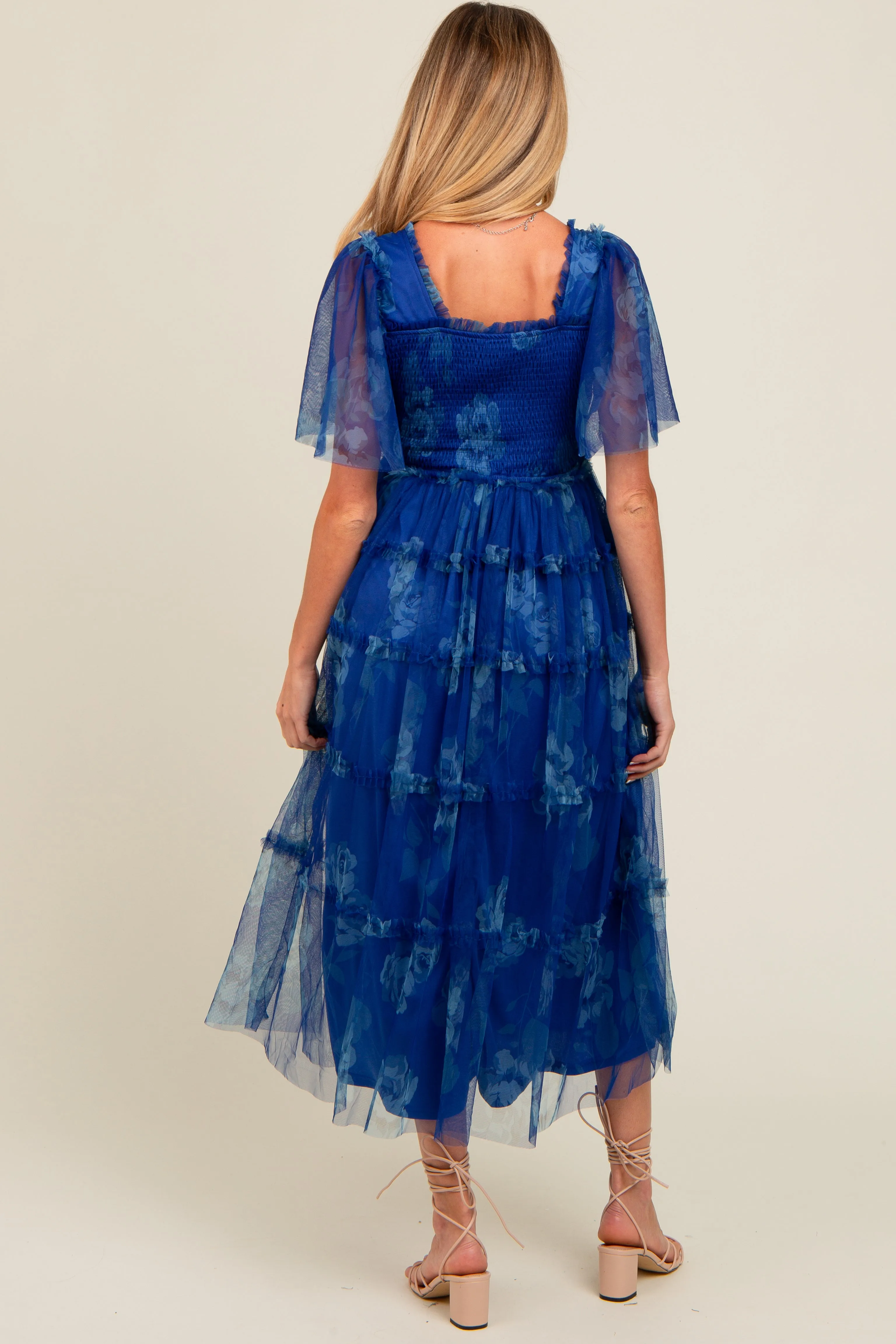 Blue Floral Smocked Tulle Maternity Maxi Dress sold by Pinkblush product image thumbnail 4