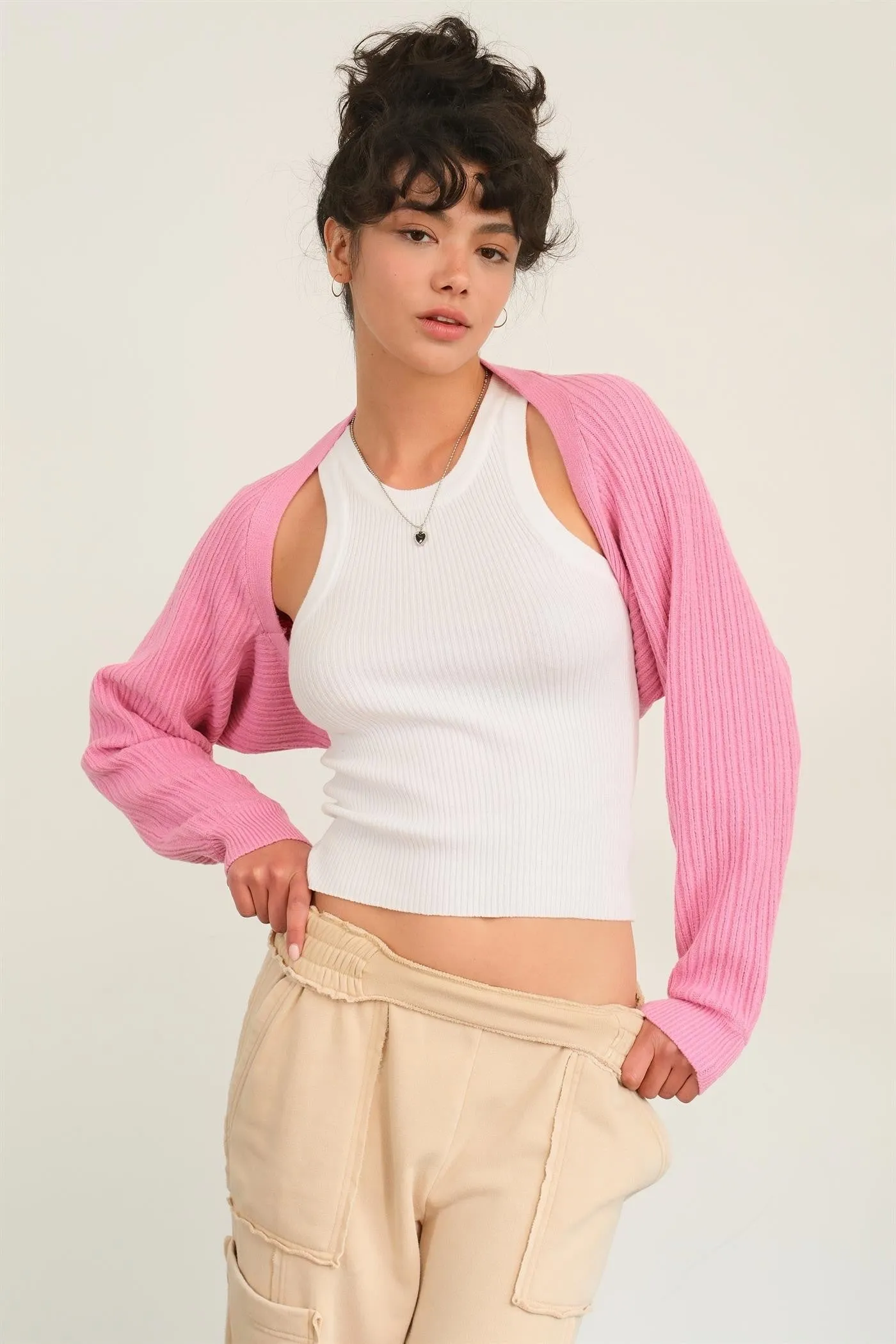 Rose Pink Ribbed Knit Bolero Cardigan sold by Pinkblush