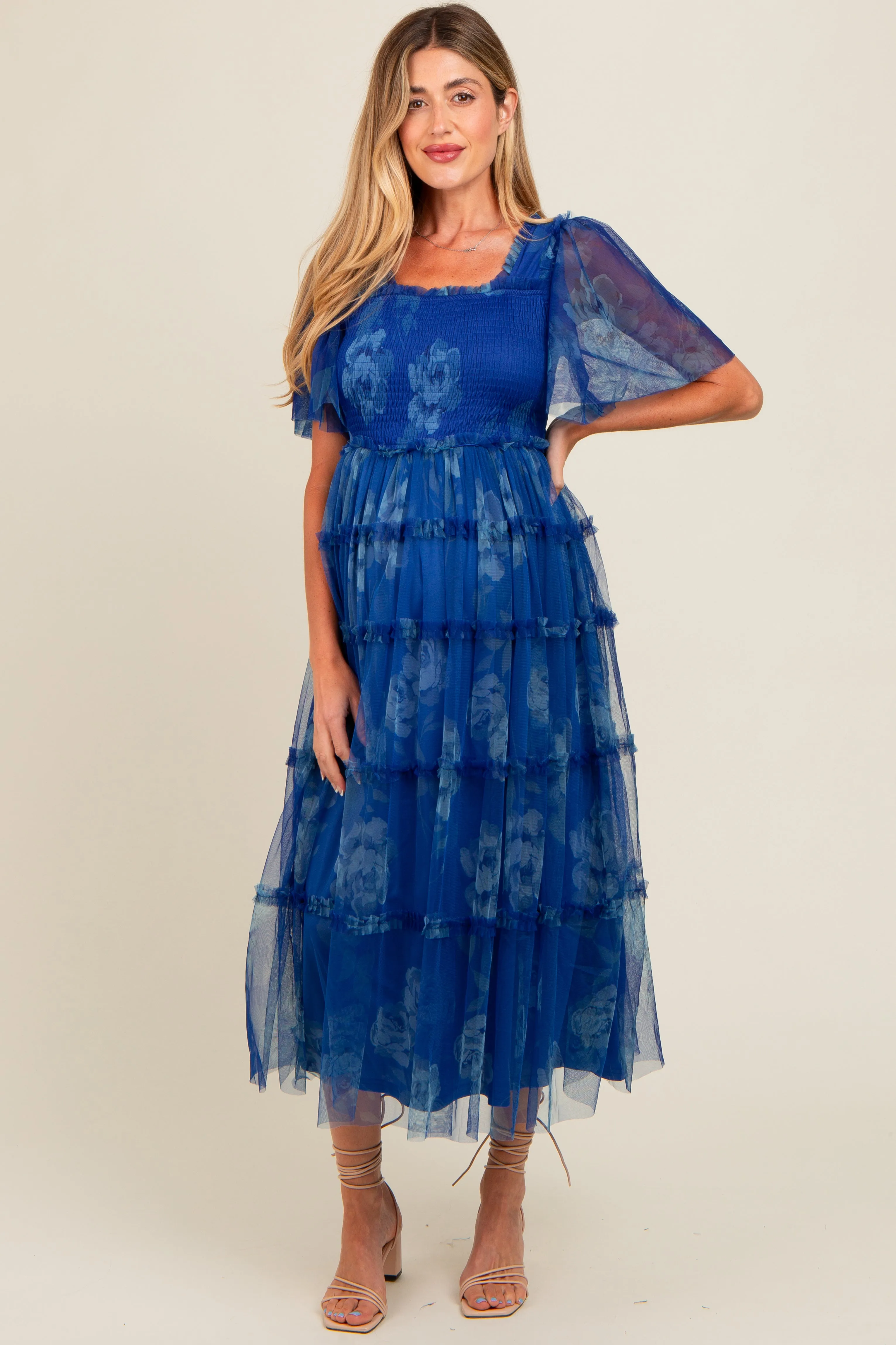 Blue Floral Smocked Tulle Maternity Maxi Dress sold by Pinkblush