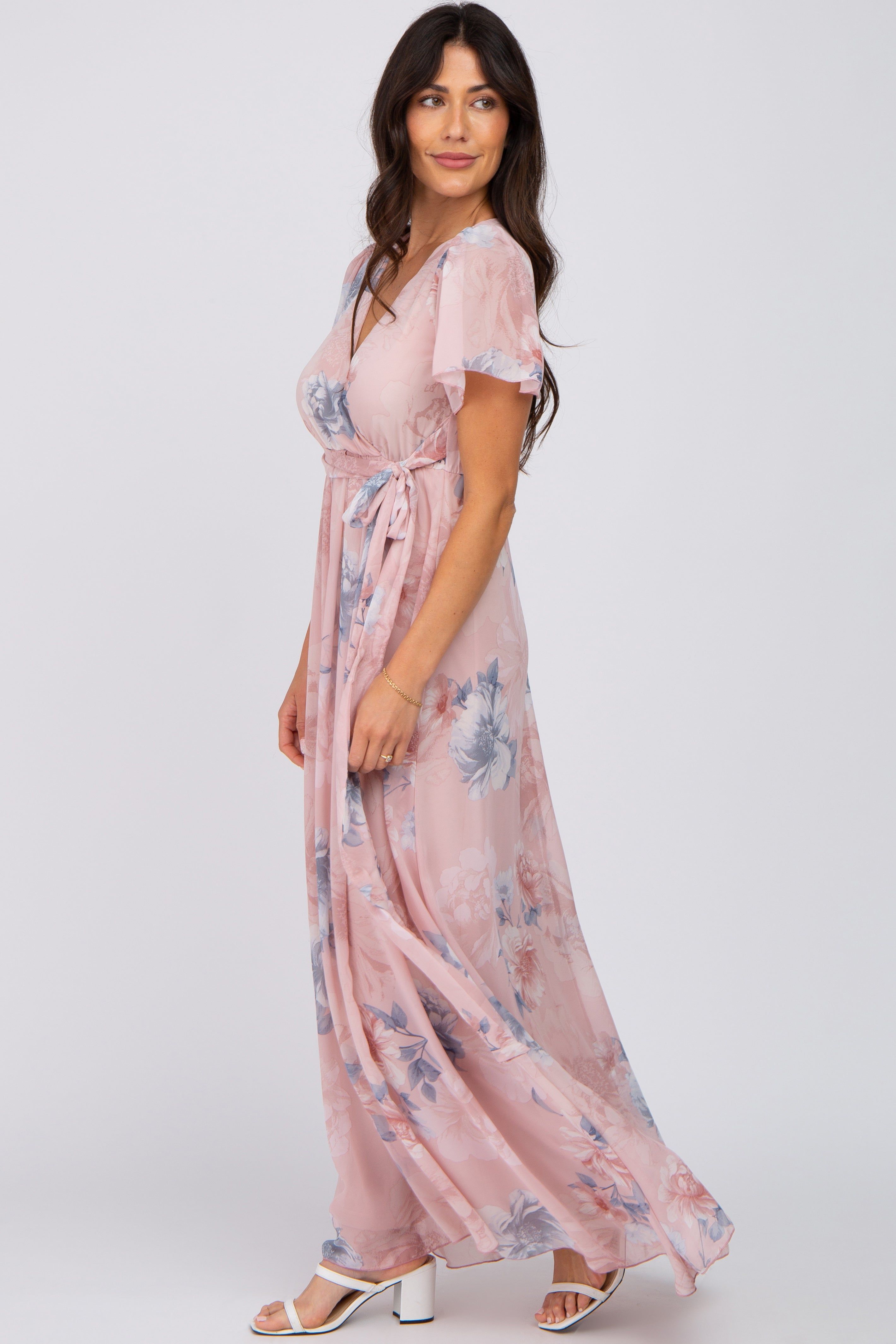 Pink Floral Chiffon Wrap Front Short Sleeve Maxi Dress sold by Pinkblush product image thumbnail 2