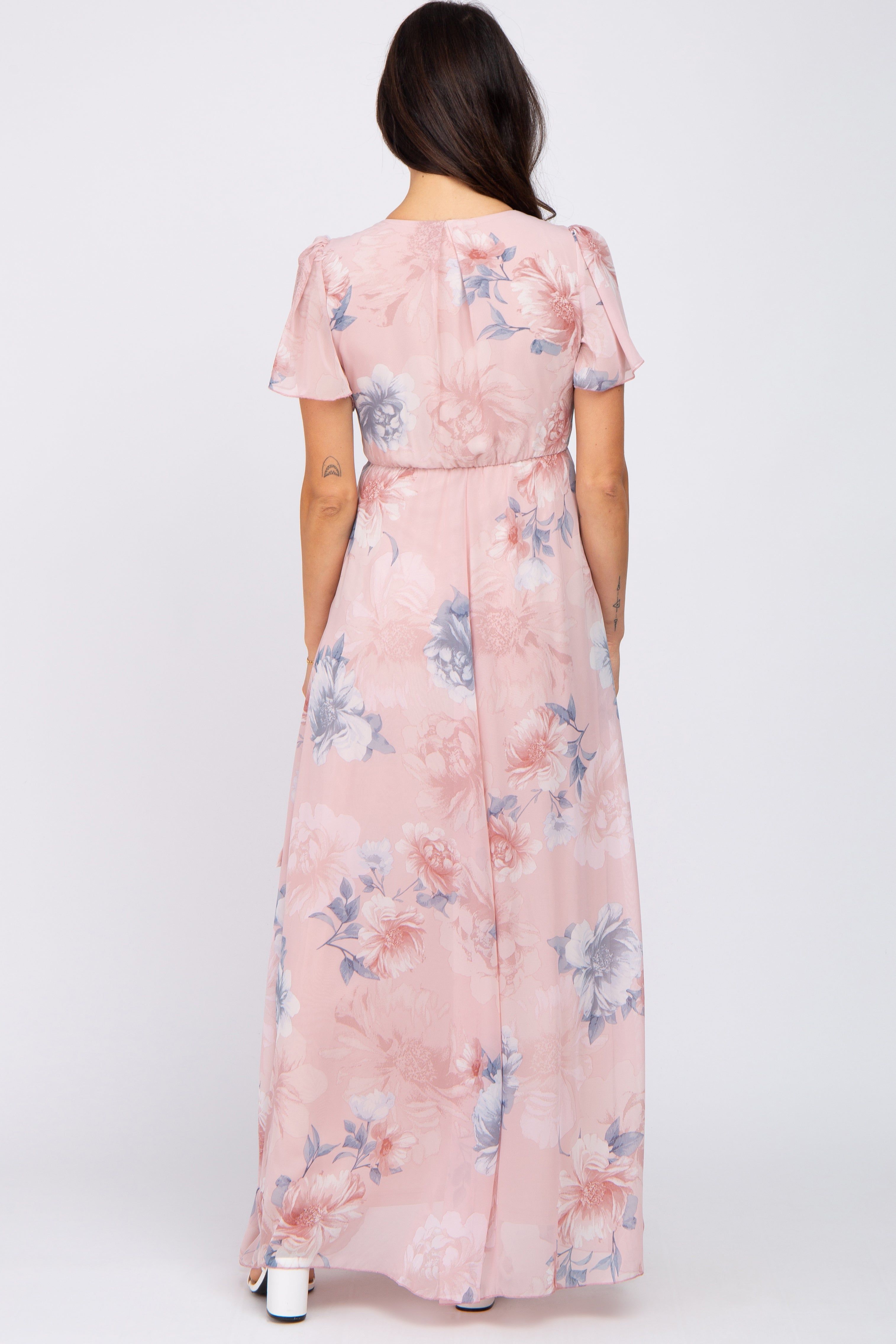 Pink Floral Chiffon Wrap Front Short Sleeve Maxi Dress sold by Pinkblush product image thumbnail 3