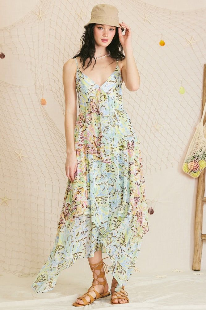Mint Blue Printed Chiffon Asymmetrical Maxi Dress sold by Pinkblush