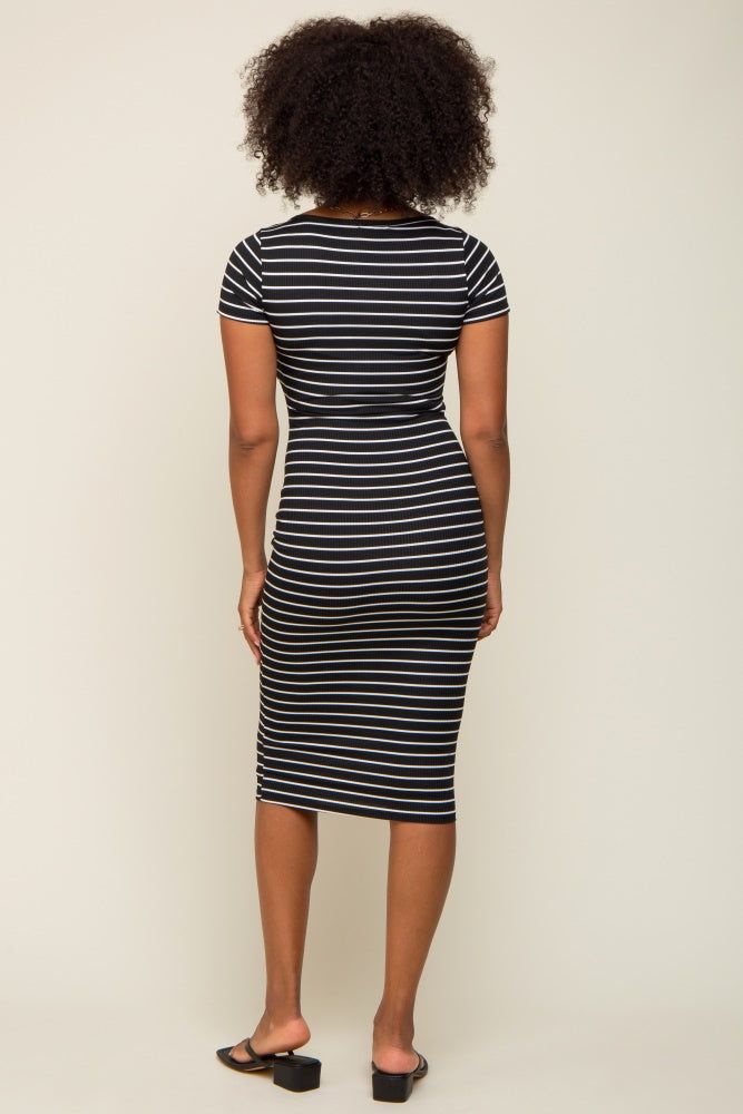 Black Striped Ribbed Fitted Midi Dress sold by Pinkblush product image thumbnail 3