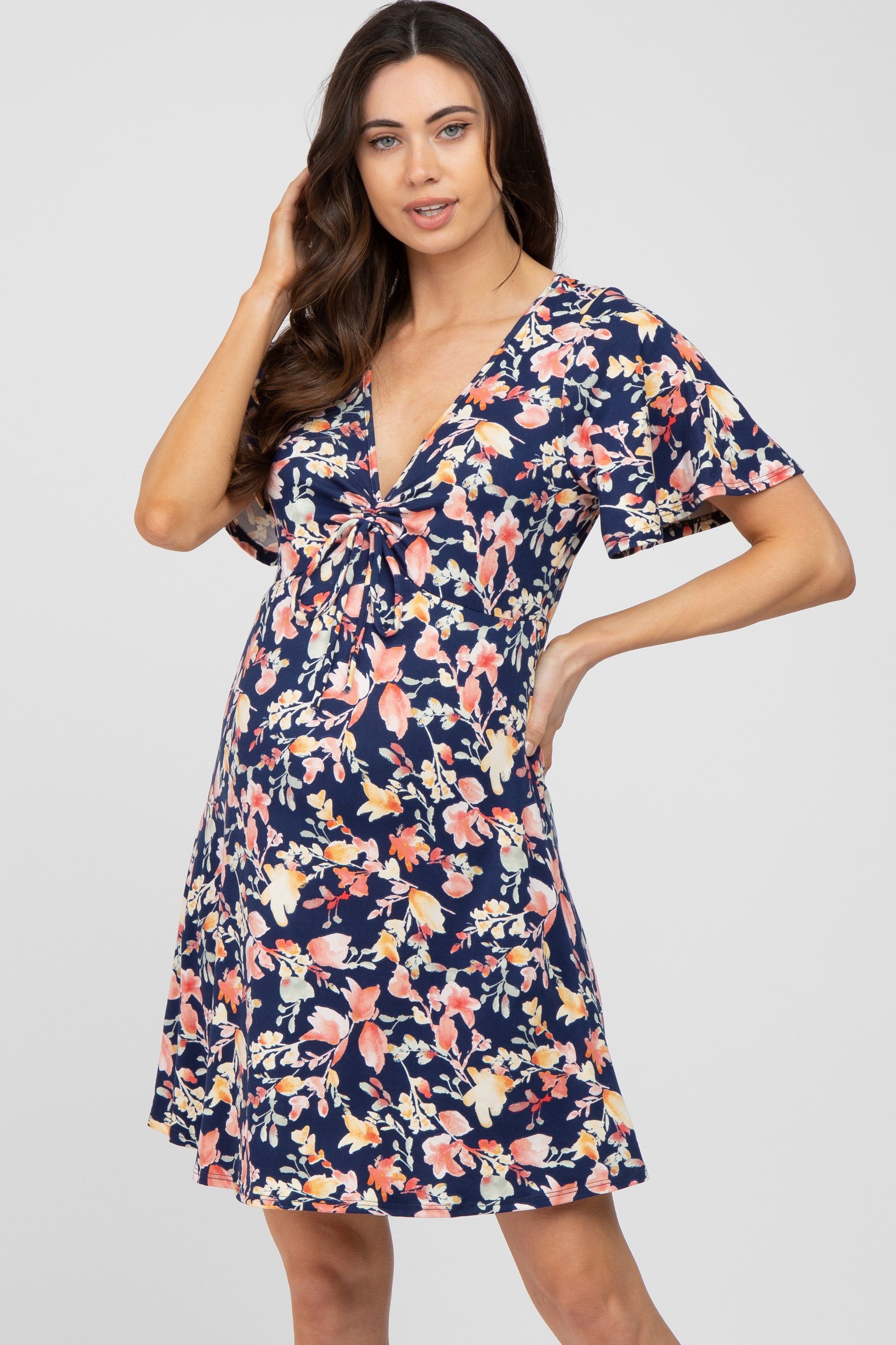 Navy Floral Short Sleeve Maternity Dress sold by Pinkblush
