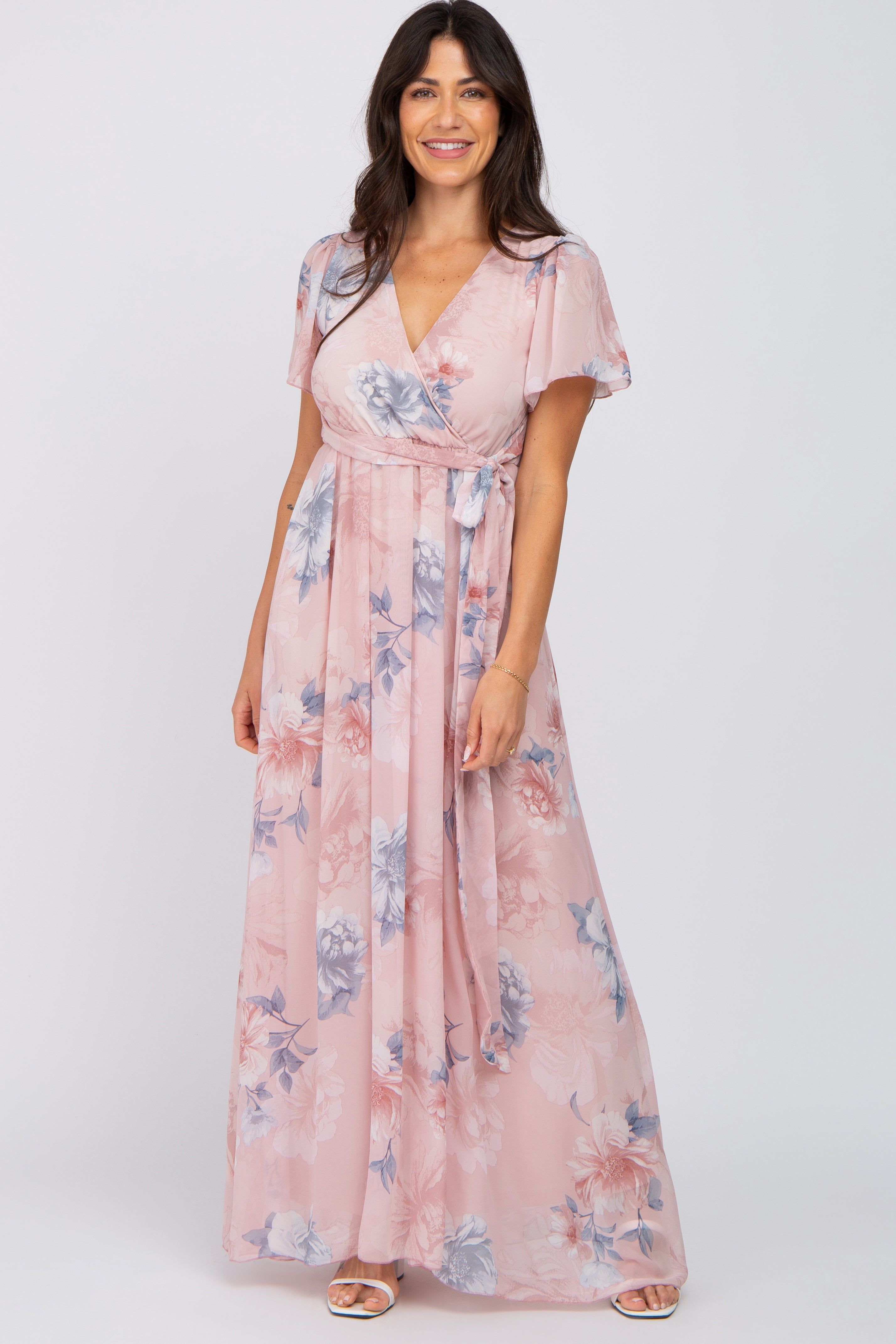 Pink Floral Chiffon Wrap Front Short Sleeve Maxi Dress sold by Pinkblush