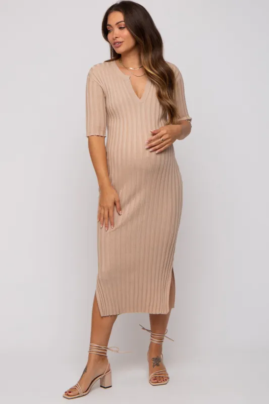 Beige Ribbed Knit Maternity Midi Dress sold by Pinkblush